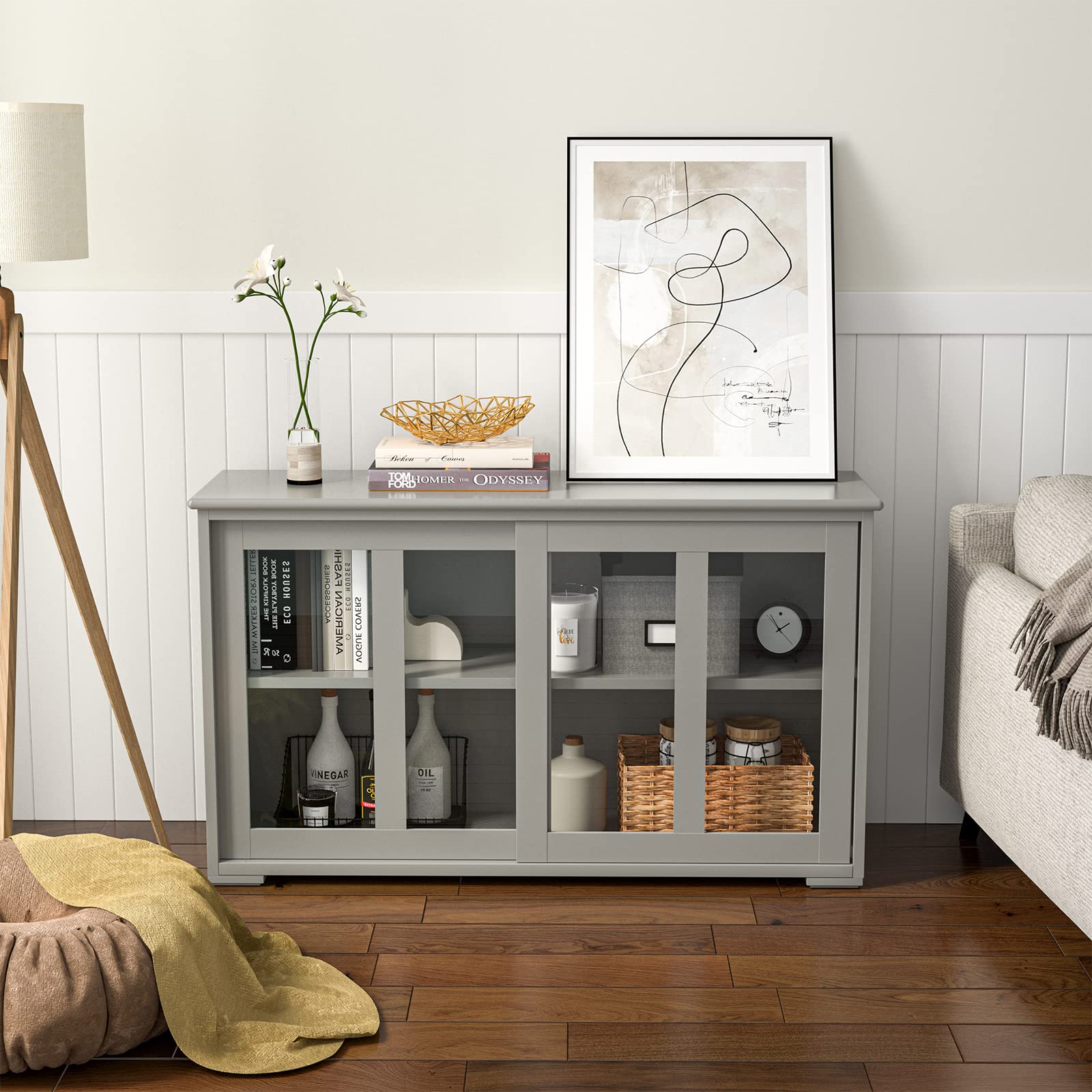 Modern Grey Buffet Cabinet for Dining Room - Large Kitchen Sideboard with Storage | Perfect for Entertaining, Displaying China & Organizing Dishes