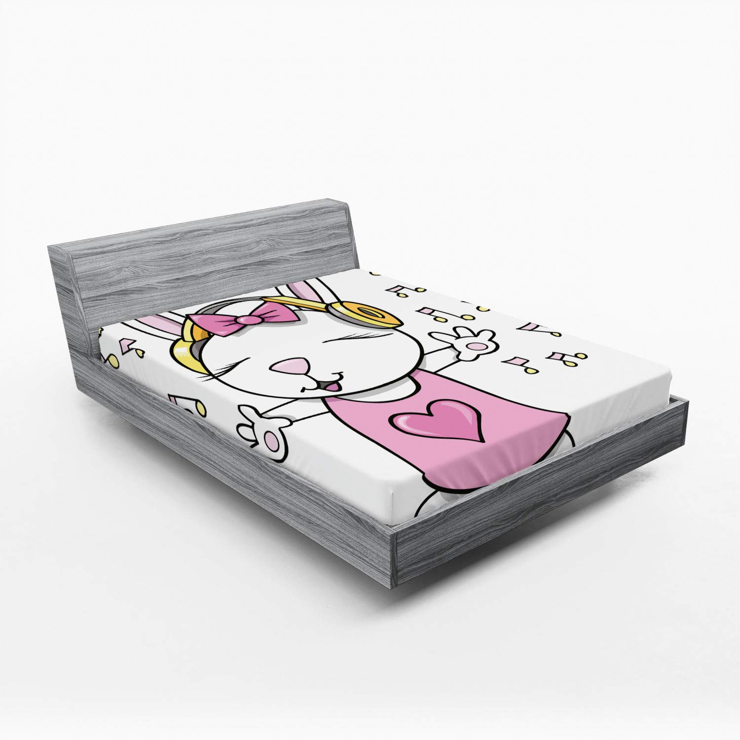 Ambesonne Bunny Fitted Sheet - Rock Star Rabbit Animal Design with Music Notes, Humor Heart Cartoon Pattern, Deep Pocket Full Size Bed Cover in Pale Pink & Yellow for Kids' Bedroom or Dorm Room