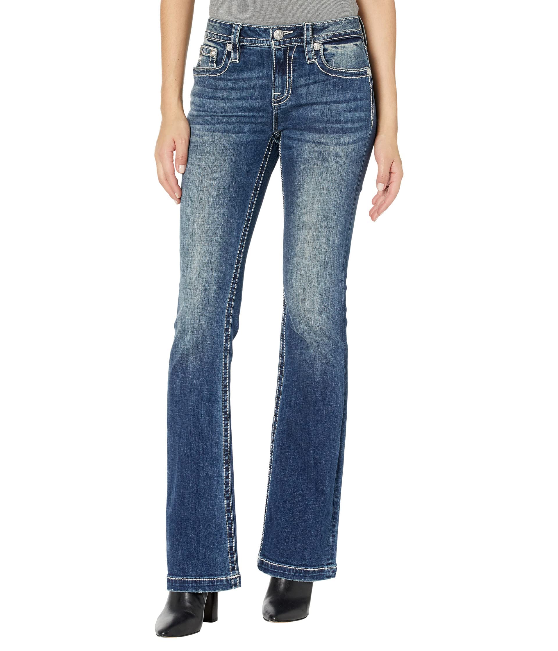 Miss Me Women's Mid-Rise Bootcut Jeans with Feathery Longhorn Embroidery - Stretchy Denim Pants for Casual Wear & Western Style Outfits