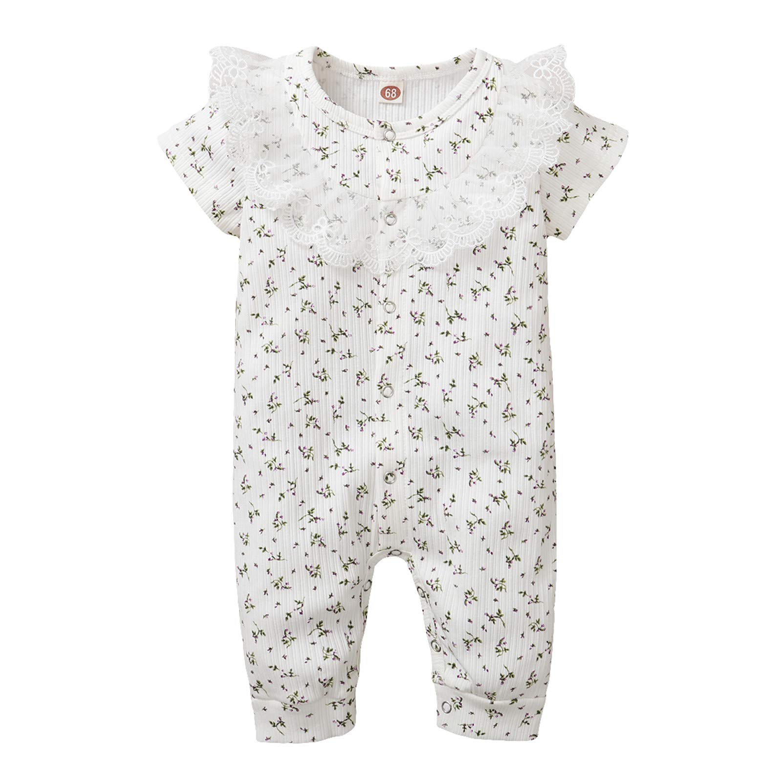 Floral Lace Sleeve Jumpsuit for Baby Girls - Ribbed Short Romper Outfit for Infant & Toddler - Perfect for Summer, Photoshoots & Special Occasions