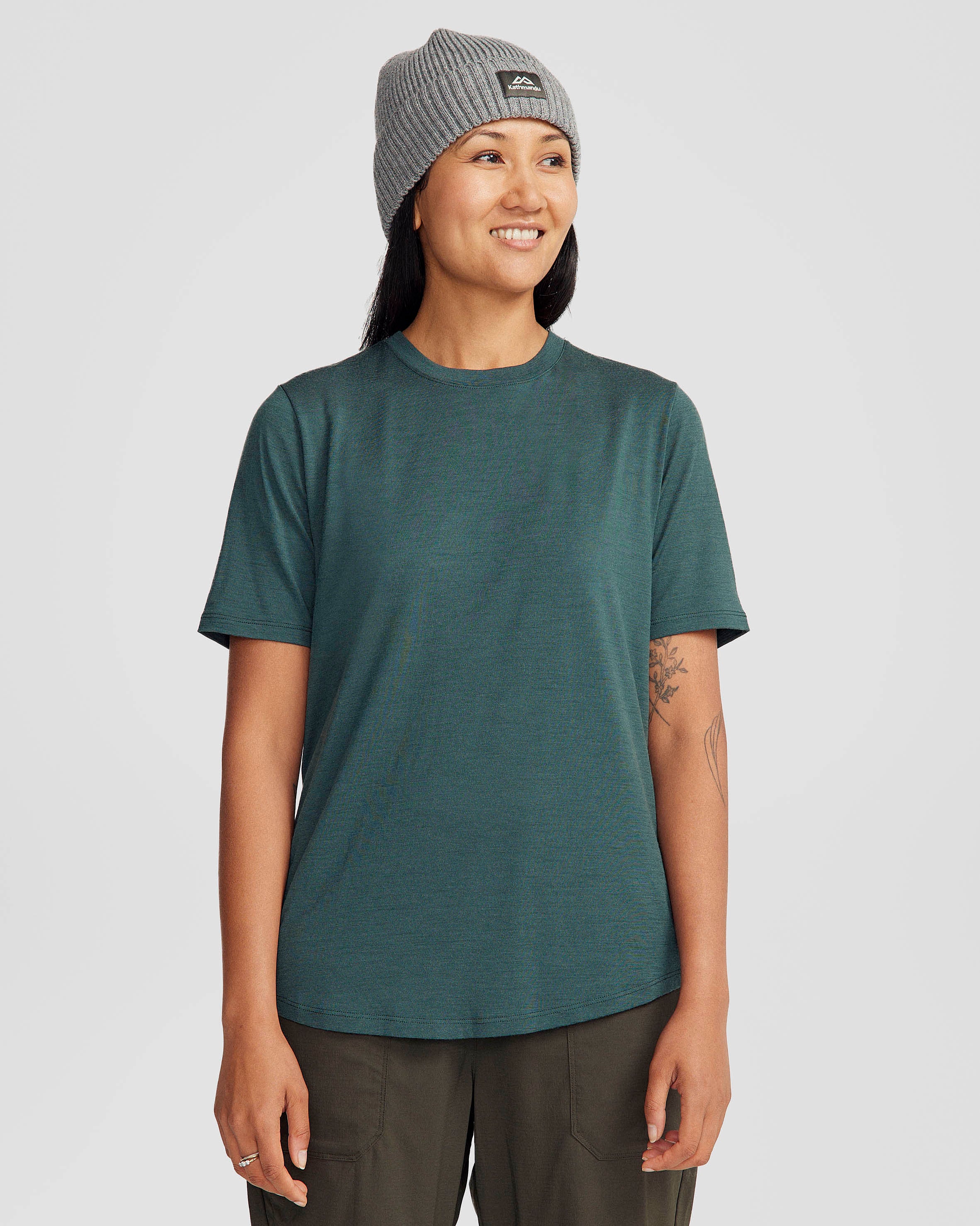 100% Merino Wool Short Sleeve Crew Neck T-Shirt for Women - Soft & Breathable Summer Top in Deep Forest Green - Perfect for Hiking, Travel & Outdoor Activities