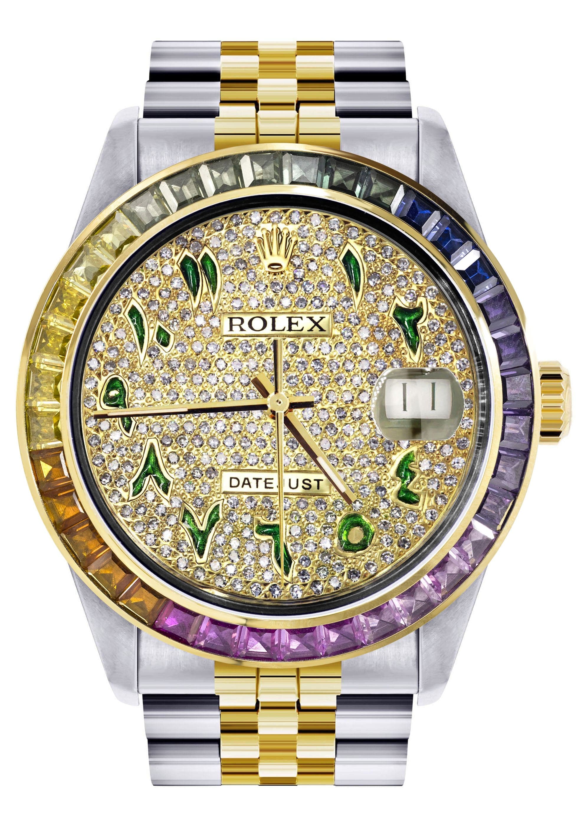 Luxury Diamond Gold Rolex Watch for Men 16233 | 36mm Rainbow Sapphire Bezel | Iced Out Green Arabic Dial | Jubilee Bracelet | Perfect for Gifts, Weddings & Special Occasions