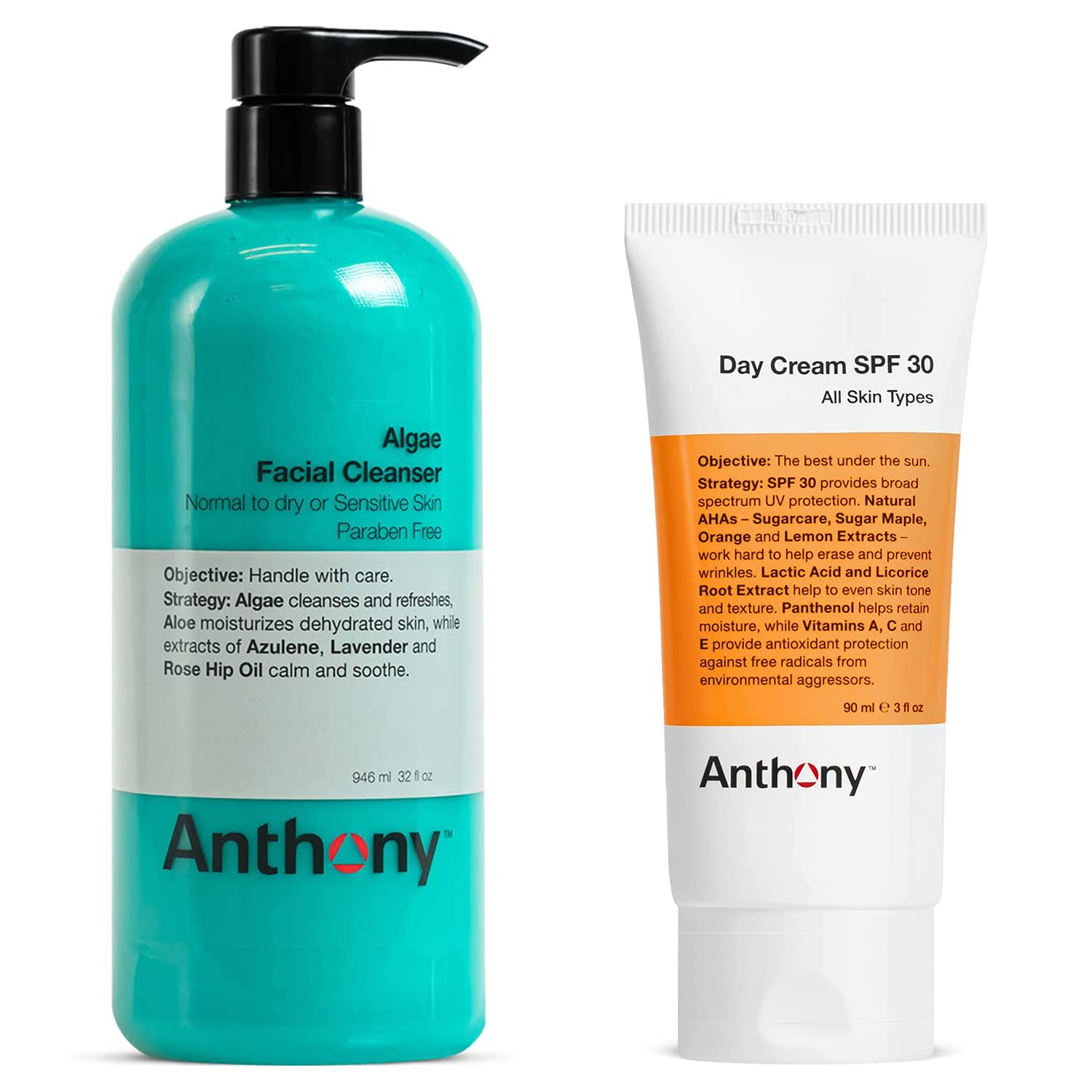 Anthony Algae Facial Cleanser for Men - 32 Fl Oz Hydrating Day Cream with SPF 30 Sunscreen - 3 Fl Oz Men's Face Moisturizer - Perfect for Daily Skincare & Sun Protection