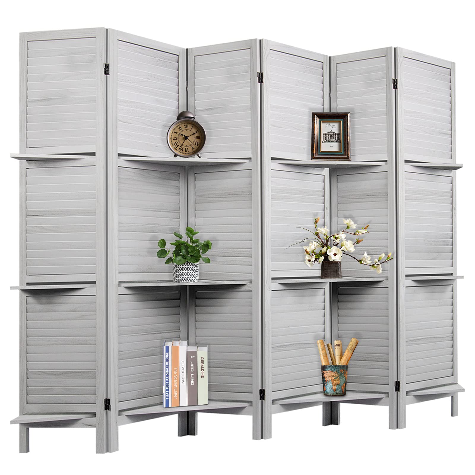 6 Panel Wood Room Divider with Shelves - Folding Privacy Screen & Temporary Wall Partition for Home Office, Bedroom, or Studio - Grey Space Separator