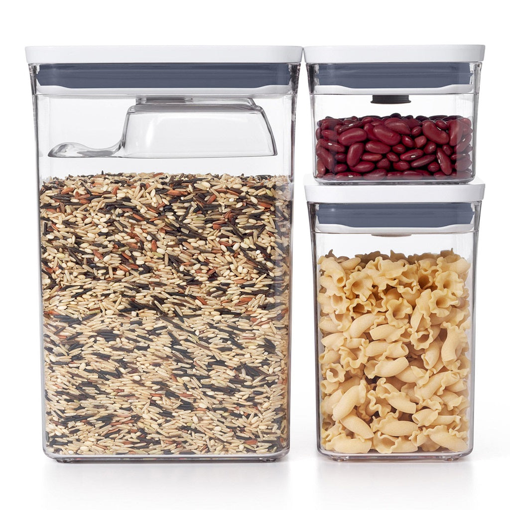 OXO Pop Storage Rectangular Food Canister Set with Scoop - 3-Piece Airtight Kitchen Containers for Flour, Sugar & Dry Goods - Perfect for Pantry Organization & Baking Supplies Storage