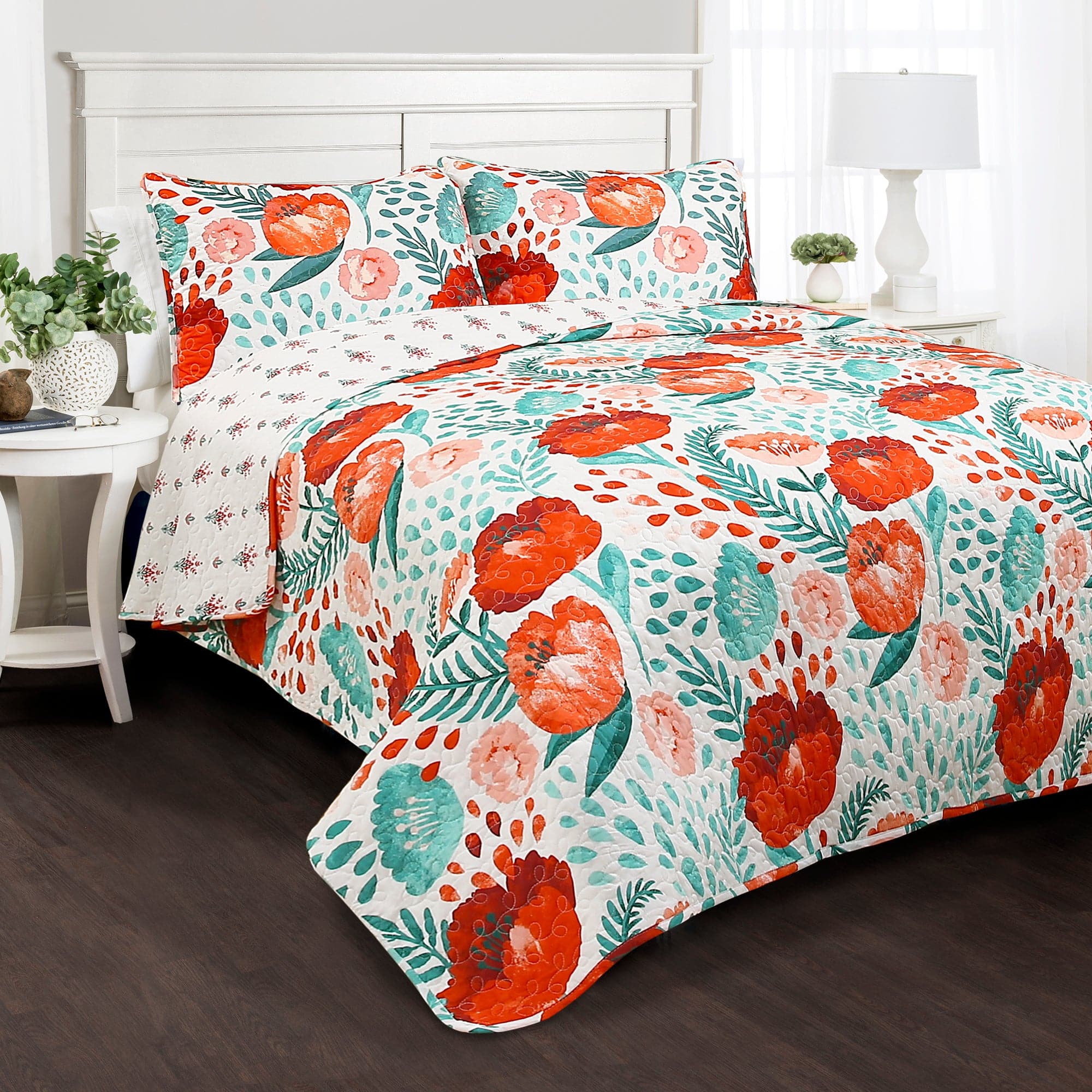 Poppy Garden Quilt 3-Piece Bedding Set - Floral Duvet Cover, Pillow Shams & Bed Skirt - Perfect for Spring & Summer Bedroom Decor