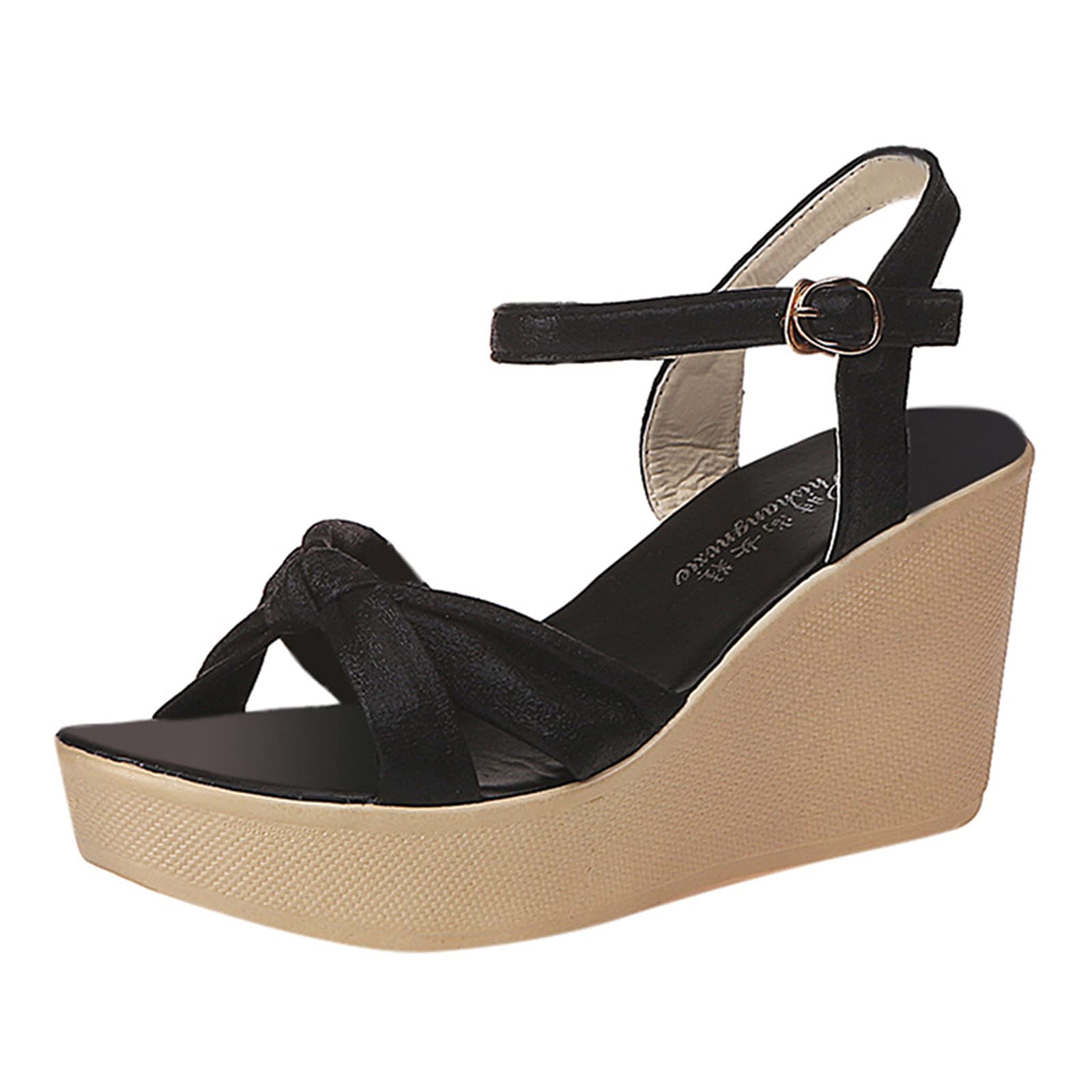 Bohemian Women's Sandals - Thick Solid Bottom Wedge Flatform Peep Toe Blue Jean Shoes for Casual Wear & Summer Outfits (Black, Size 7)