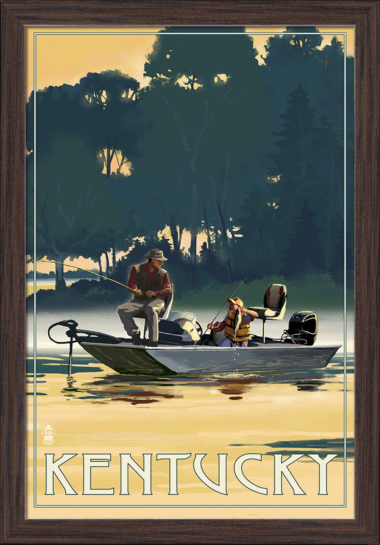 Kentucky Fishermen in Boat - 16x24 Inch Giclee Fine Art Print with Recycled Wood Frame in Espresso Brown - Perfect for Home Decor, Office Wall Art & Rustic Interior Design