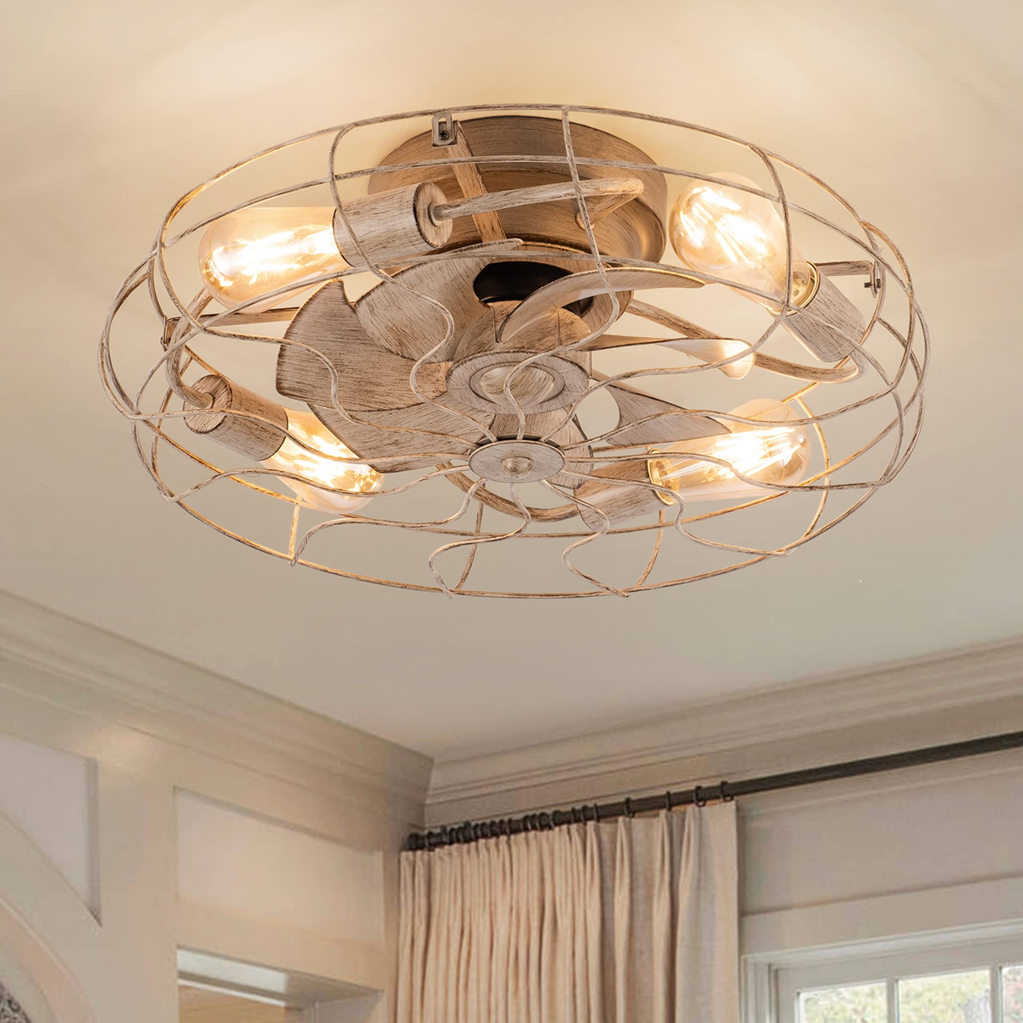 DIDER 21'' Low Profile Caged Ceiling Fan with Lights & Remote Control, Includes LED Bulbs, White Bladeless Ceiling Fan for Indoor Use - Perfect for Kitchen, Bedroom, Living Room & Office | Modern Industrial Style Lighting Fixture with Quiet Operation & Energy Saving