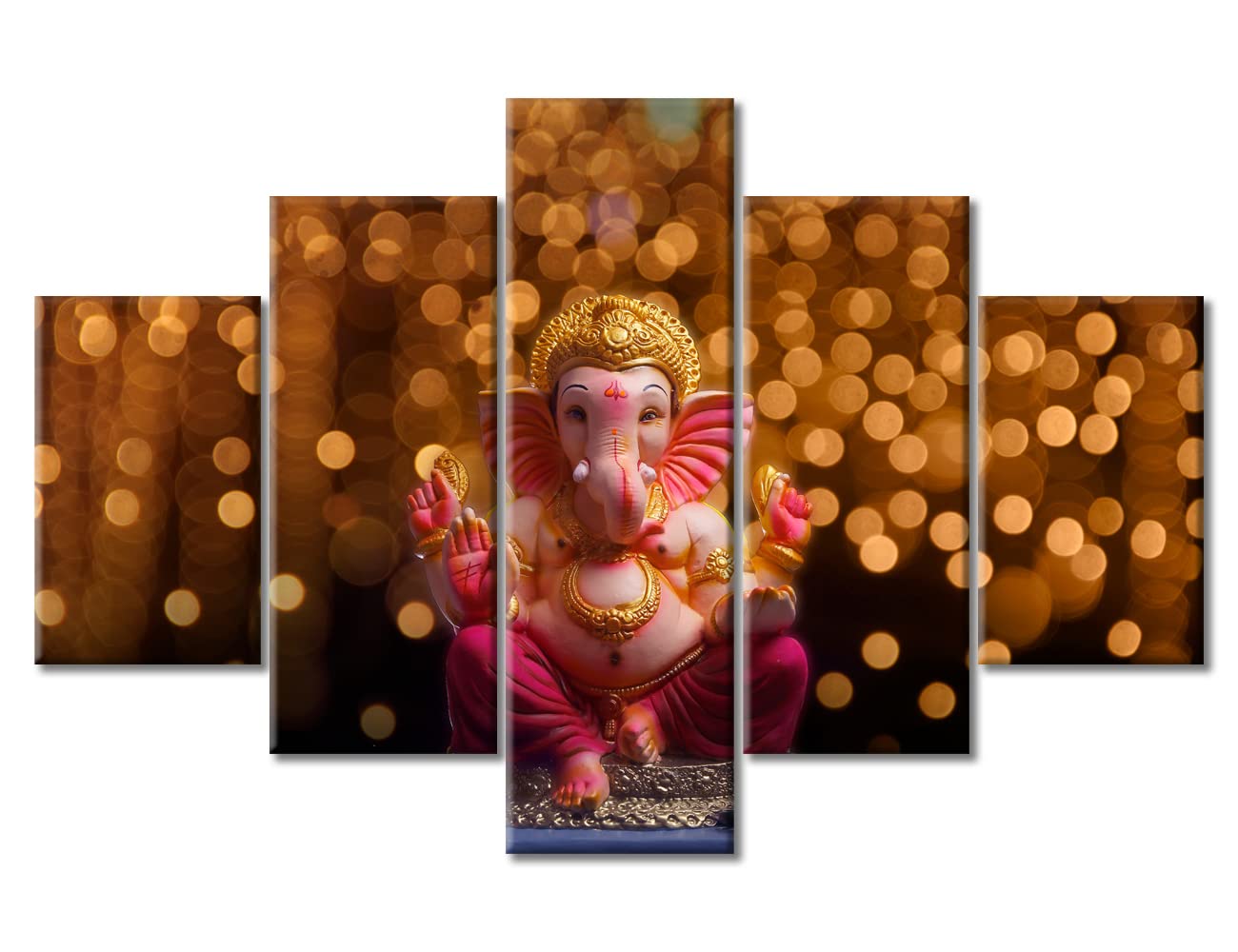 5 Panel Lord Ganesha Wall Art - Modern Hindu God Canvas Painting for Home Decor - Framed Ready to Hang (60