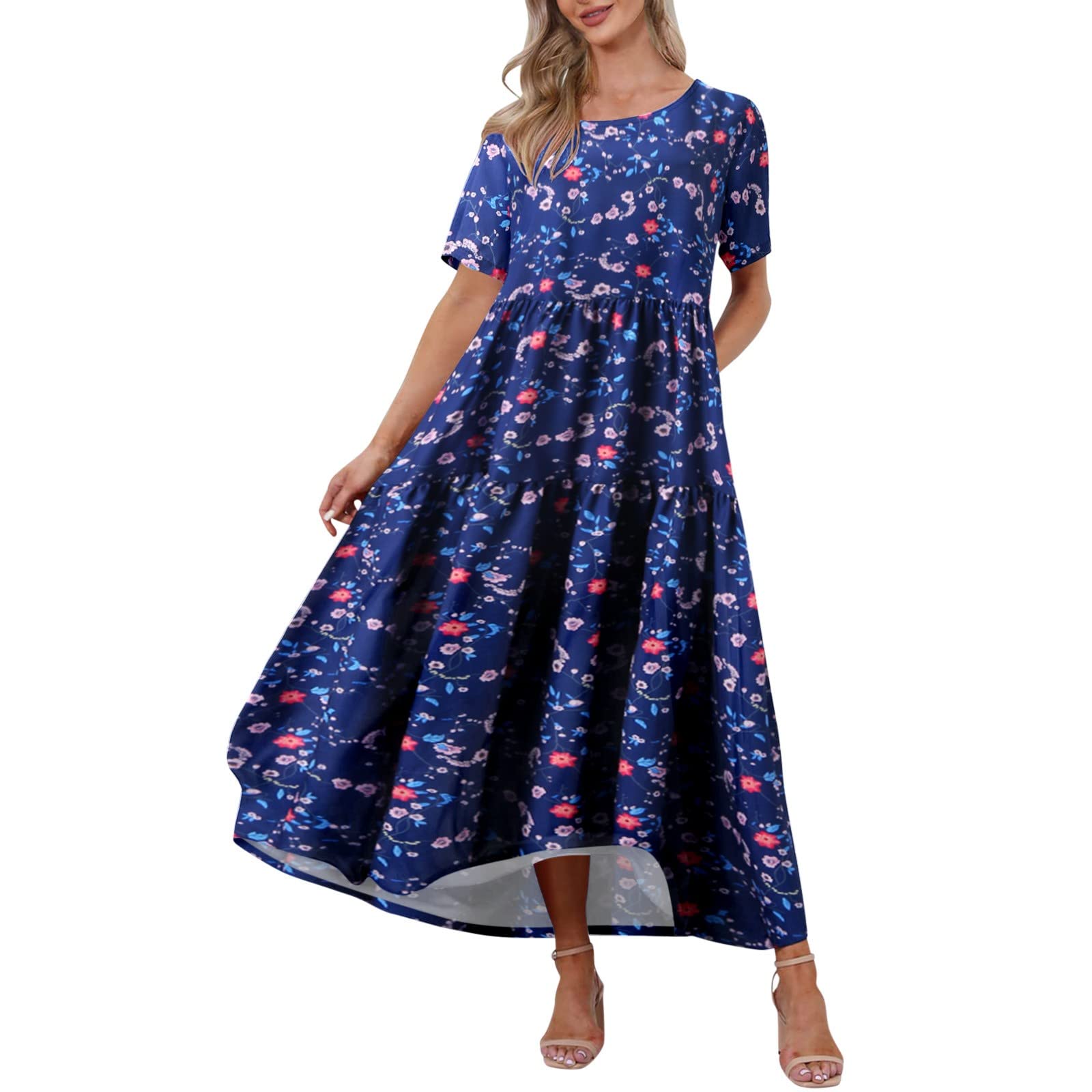 **Women's Casual Loose Bohemian Floral Maxi Dress with Pockets - Short Sleeve Summer Beach Swing Dress for Vacation, Travel & Outdoor Parties**