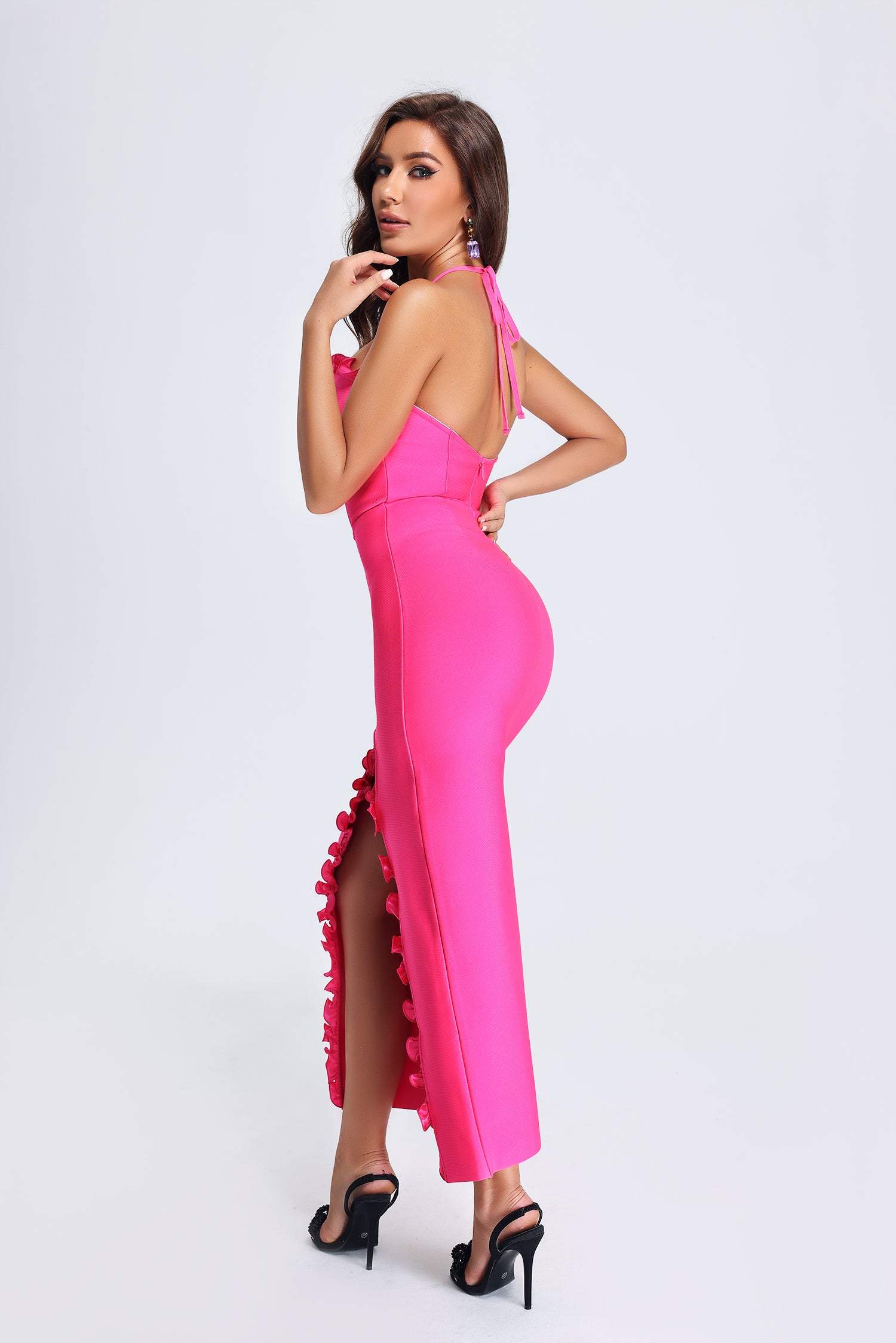 Lori Halter Midi Bandage Dress in Pink - Sexy Bodycon Cocktail Party Dress for Women | Perfect for Night Out, Club Wear, and Special Occasions