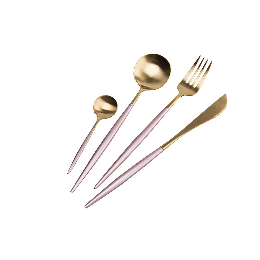 Premium 18/10 Stainless Steel Flatware Set - 4-Piece Matte Dinnerware Cutlery with Two-Tone Pink & Gold Handles (Steak Knife, Fork, Spoon, Coffee Spoon) - Elegant Table Setting for Restaurants, Weddings, and Home Dining