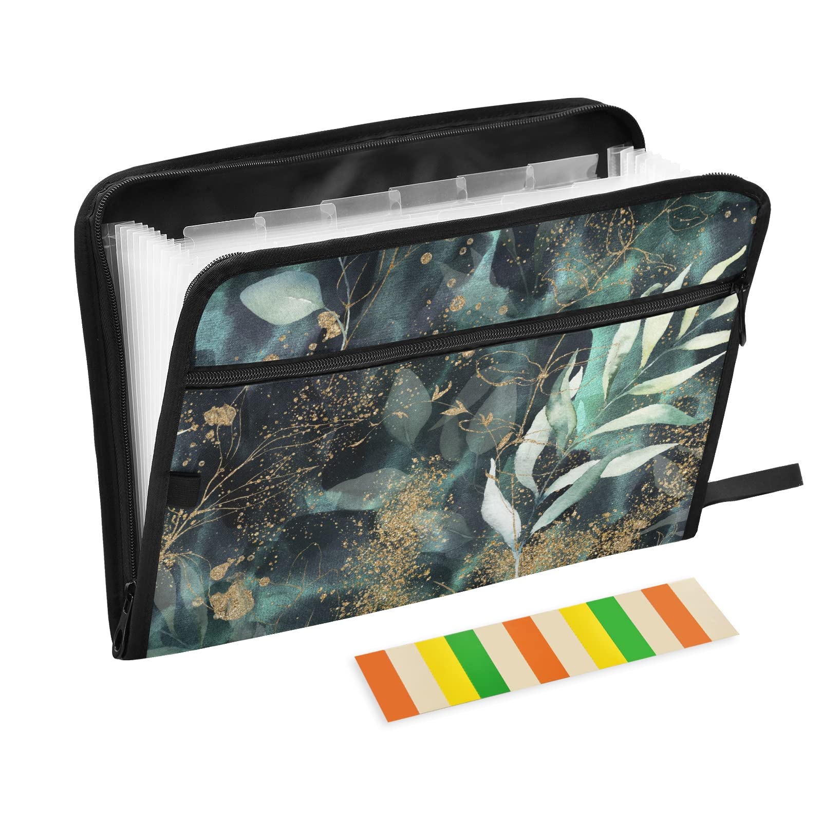 KFBE 13-Pocket Expanding File Folder with Sticky Labels - Accordion Organizer for Letter/A4 Documents - Green Leaves Design - Zipper Closure - Perfect for Office, School, and Home Organization (20812723)