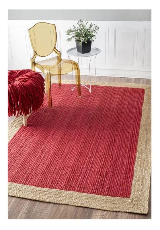Handmade Indian Jute Area Rug - 8x10 Feet Boho Bohemian Rectangle Rug - Natural Woven Red Carpet by BALAJIARTCRAFTS - Perfect for Living Room, Bedroom, or Home Decor