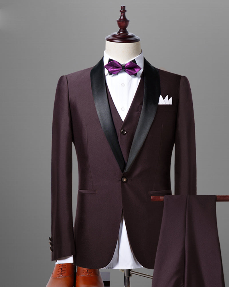 Men's Slim Fit 3-Piece Solid Dark Maroon Wedding Tuxedo Suit - Formal Groom Attire for Weddings, Prom & Special Occasions | CB0731