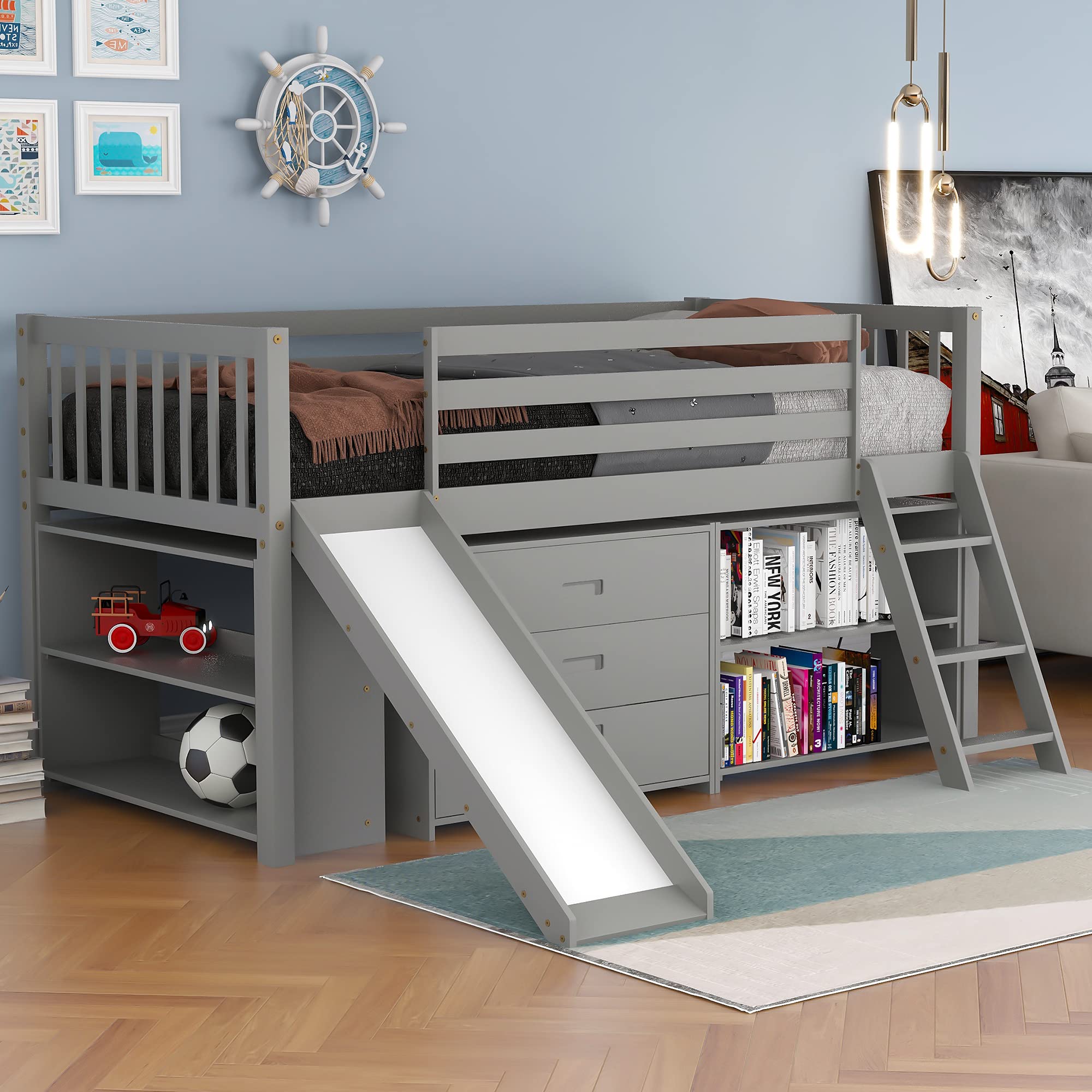LXBB Twin Size Low Loft Bed with 2 Built-in Bookcases & 3-Tier Storage Drawers - Grey Wooden Bed Frame for Kids & Teens - Perfect for Small Rooms, Dormitories & Space-Saving Bedroom Designs