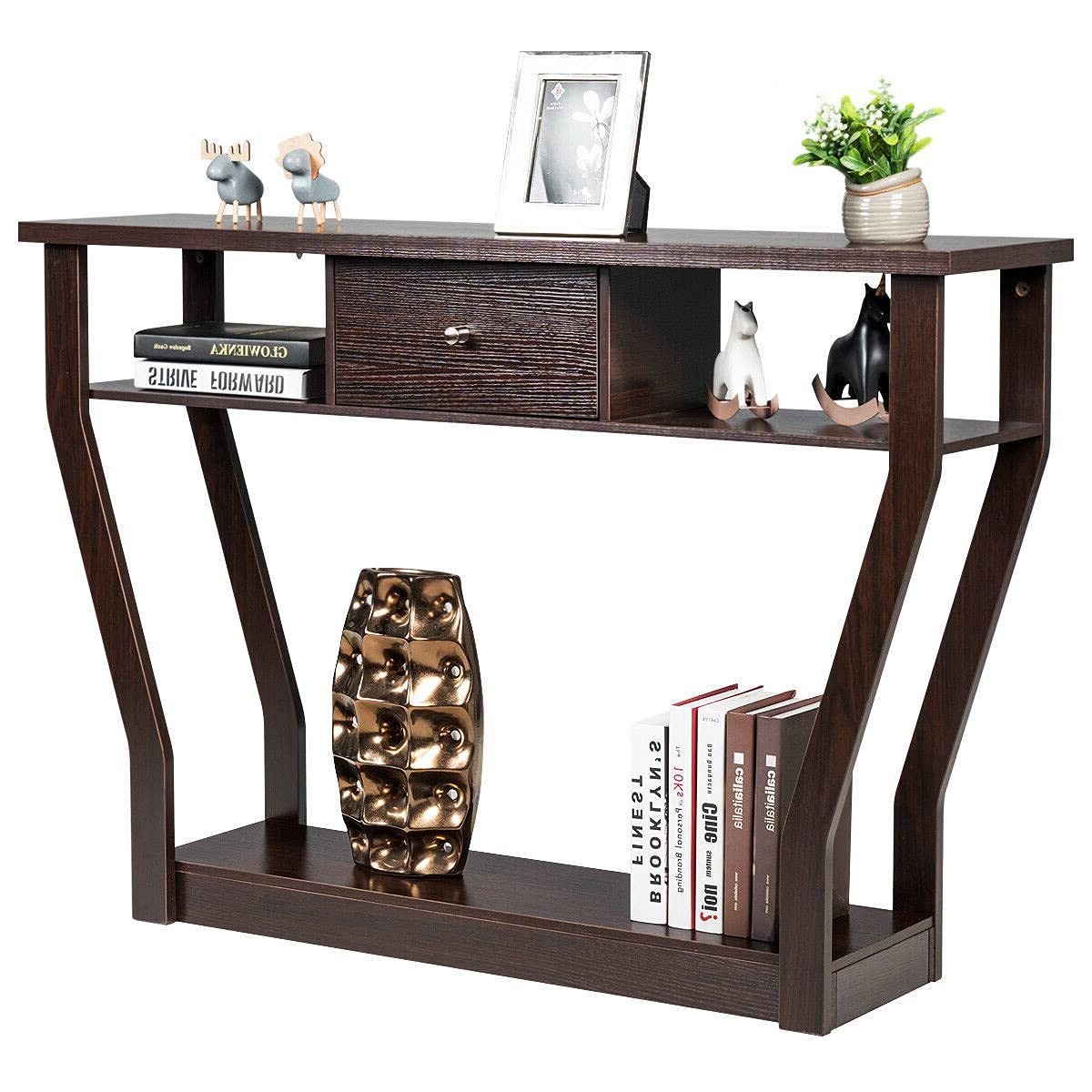 Dark Brown Modern Console Table with Curved Legs & Slide-Out Drawer - Entryway Hallway Accent Table with Bottom Display Shelf for Living Room, Bedroom, Home Office Décor | Perfect for Small Spaces & Apartment Entryways