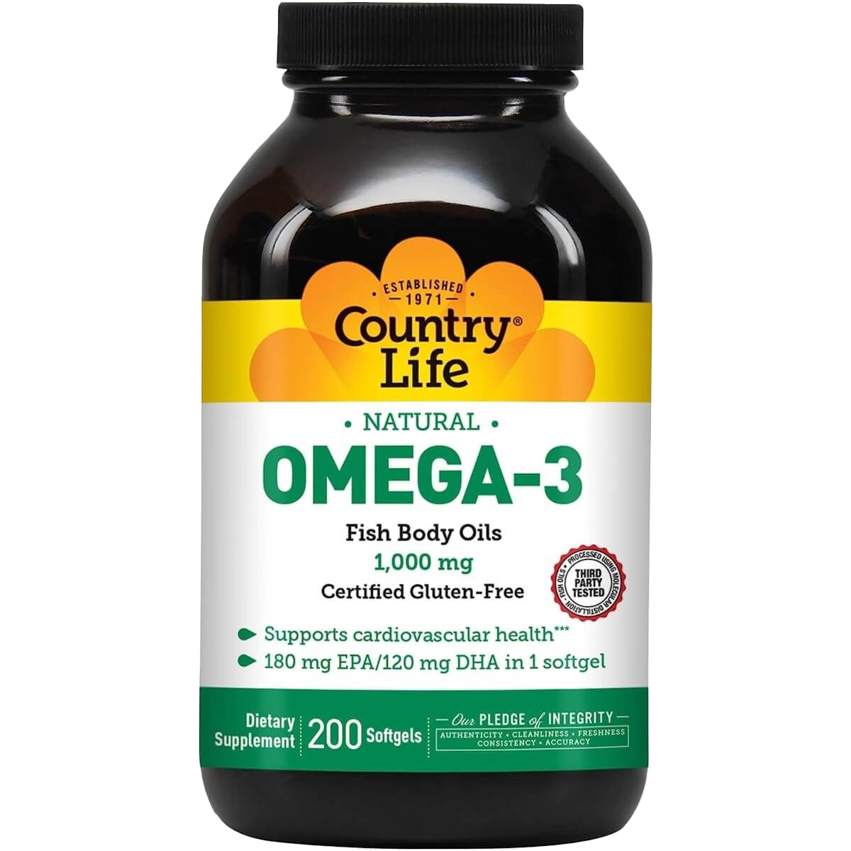 Country Life Omega 3 Fish Oil 1000mg - 200 Softgels - Supports Heart, Brain & Joint Health - Premium EPA & DHA Supplement for Adults - Daily Wellness & Active Lifestyle