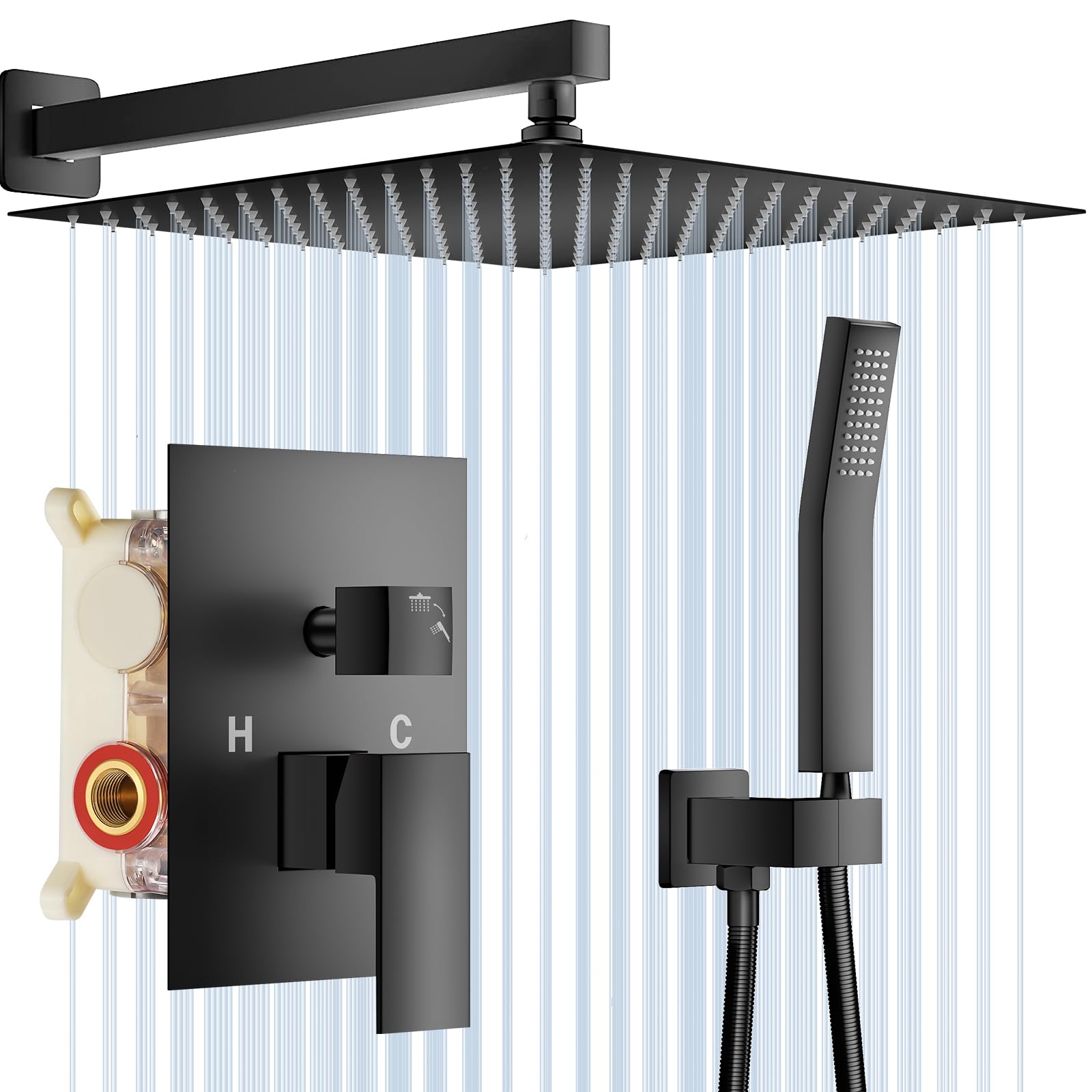 12 Inch Matte Black High Pressure Rain Shower Head with Handheld - Wall Mounted Mixer Shower Combo Set - Brass Shower Valve & Trim - Perfect for Modern Bathroom & Spa-Like Shower Experience