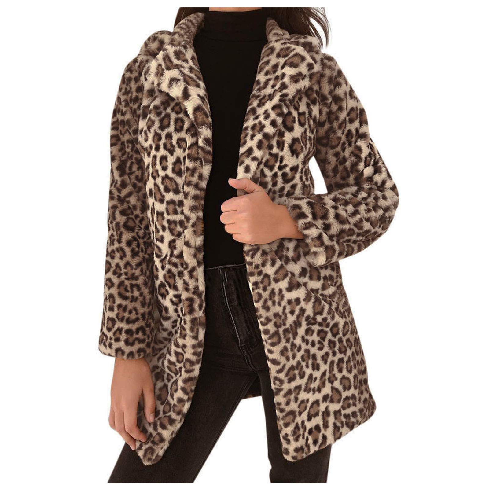 Women's Faux Fur Leopard Print Long Jacket Coat with Lapel - Stylish Winter Outwear for Casual & Evening Outfits