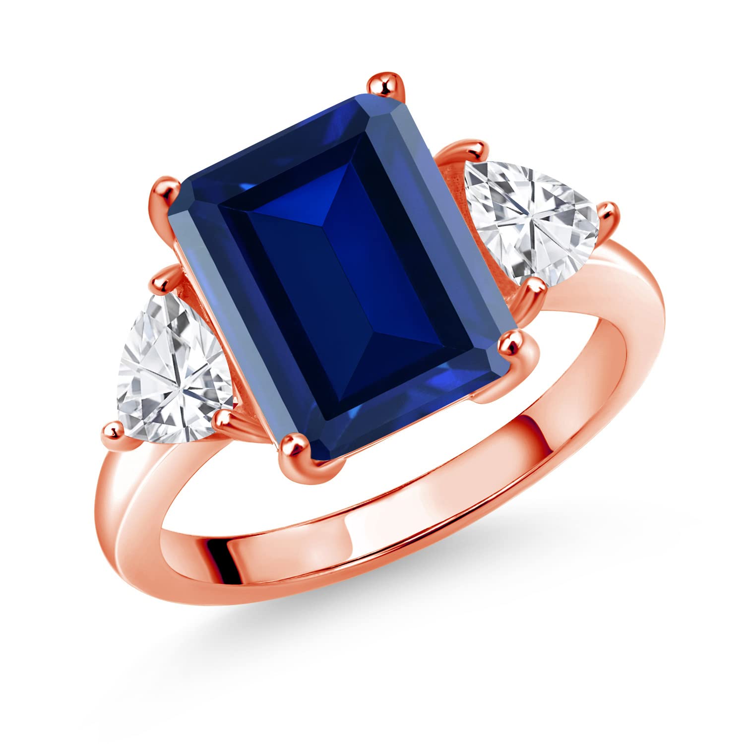 8.24 Ct Emerald Cut Blue Simulated Sapphire Ring - 18K Rose Gold Plated Sterling Silver - Elegant Jewelry for Engagement, Wedding & Special Occasions