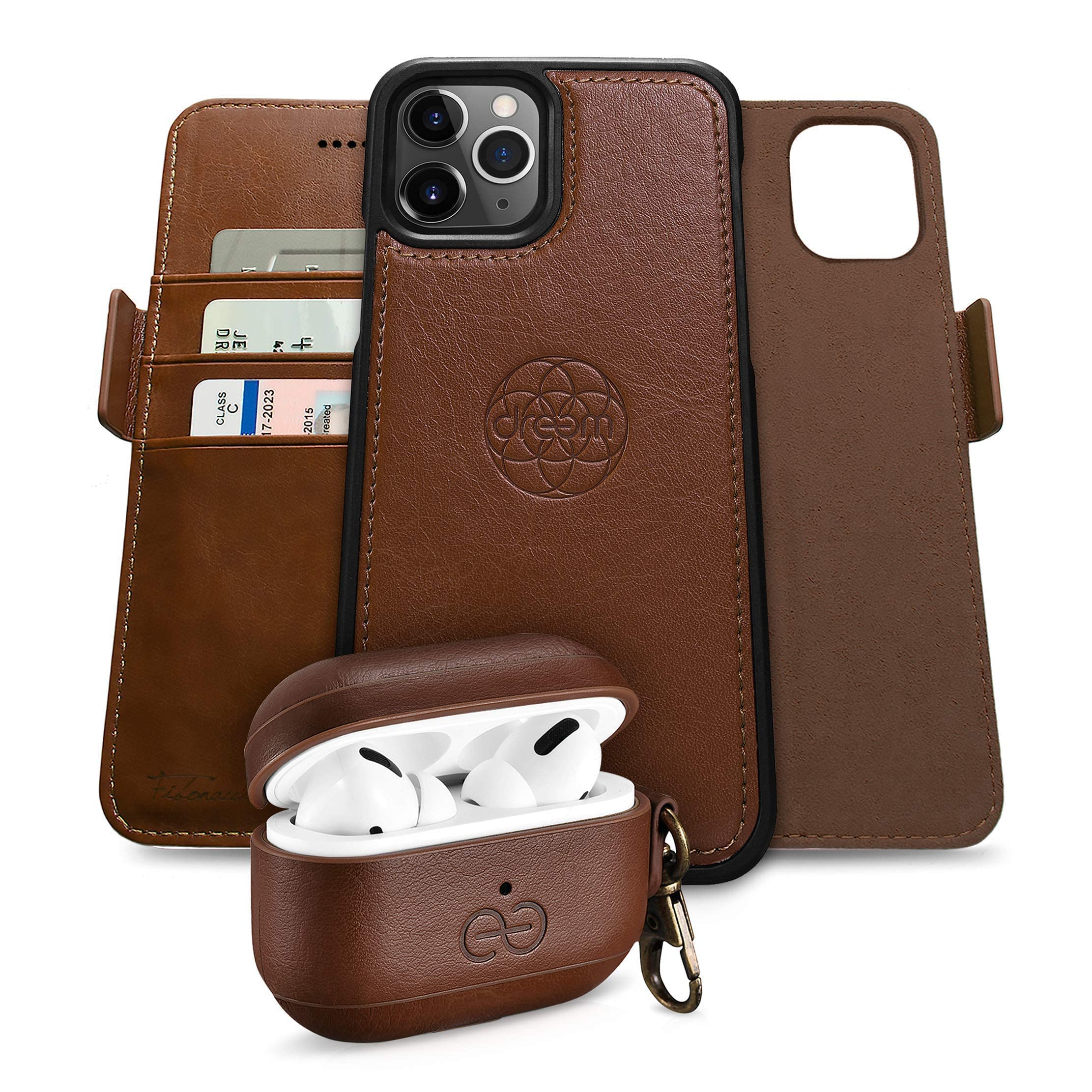 Fibonacci Wallet Case for iPhone 12 Pro Max & Om AirPod Pro Case Cover - Chocolate Brown Leather Combo | Perfect for Travel, Work & Everyday Use