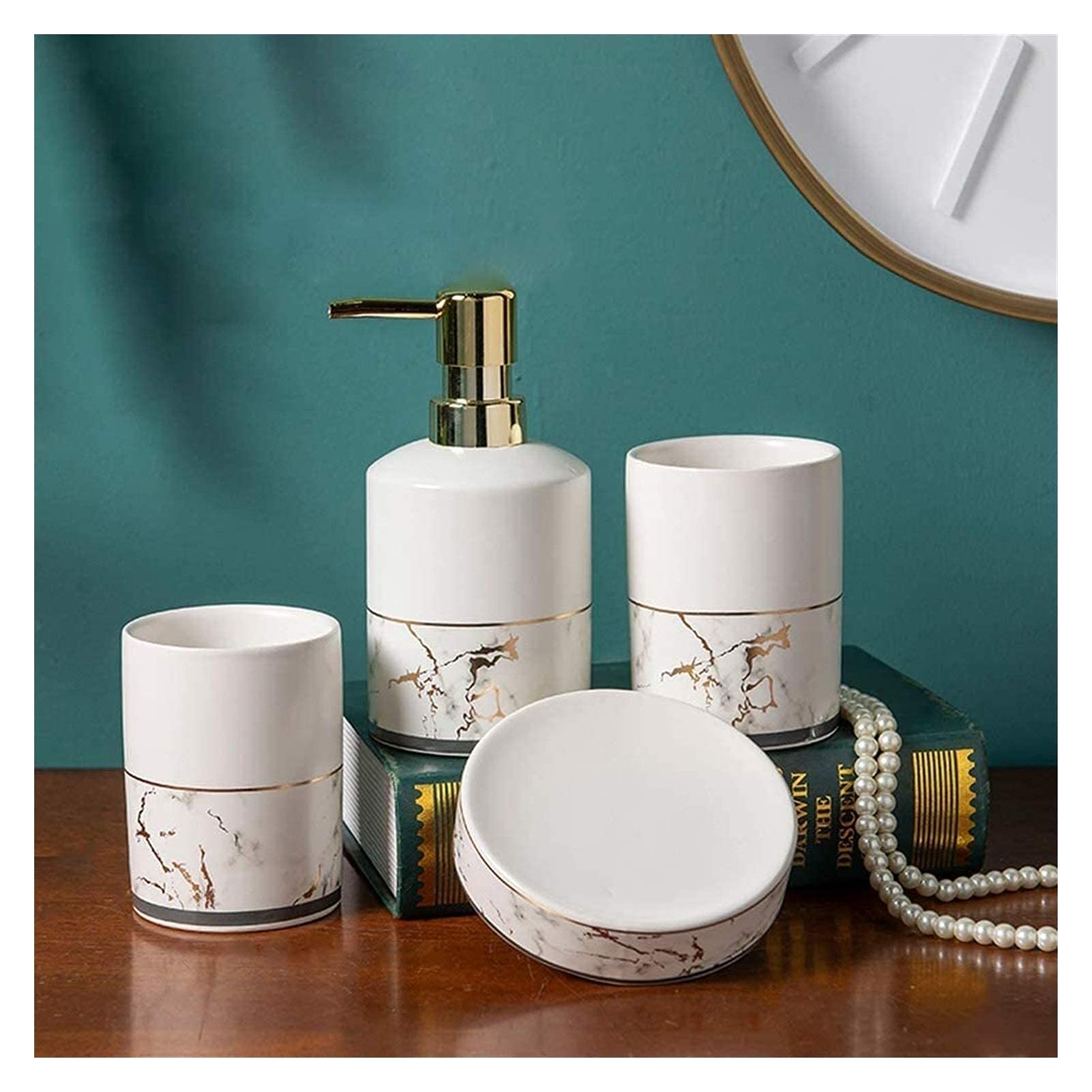 Premium 4-Piece Ceramic Bathroom Set - Soap Dispenser, Lotion Bottle, Mouthwash Cups & Soap Dish - Elegant White Hotel-Style Decor for Home, Spa & Guest Bathrooms