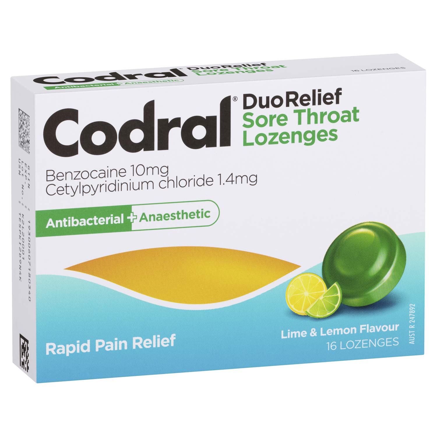 Codral Duo Relief Sore Throat Lozenges - Lime & Lemon Flavor | Fast-Acting Throat Pain Relief | Perfect for Cold, Flu & Allergy Season at Home, Work or Travel