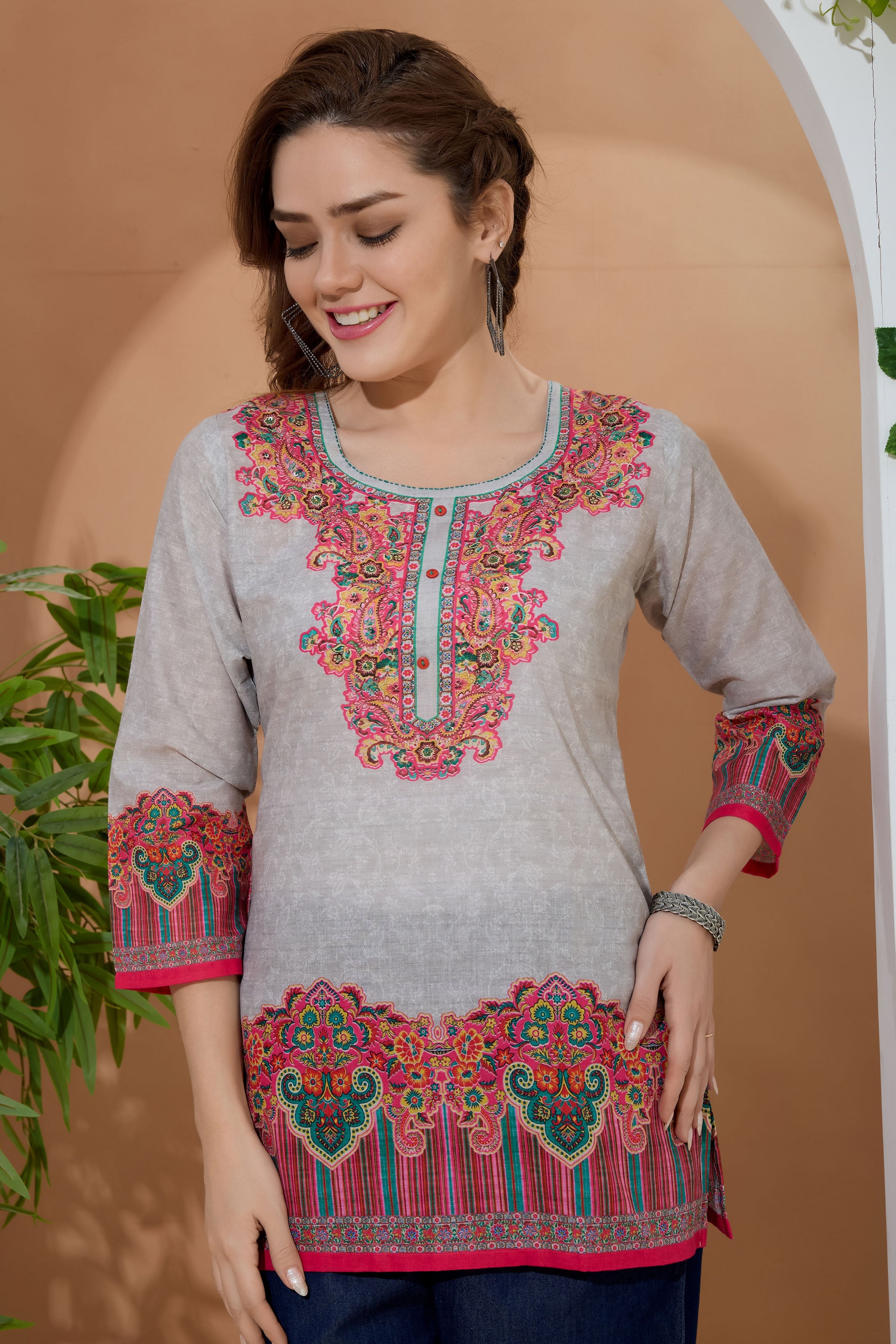 Beige Ethnic Print Cotton Round Neck Short Kurti (D1418) - Comfortable & Stylish Indian Tunic for Women - Perfect for Casual Wear, Festivals & Cultural Events