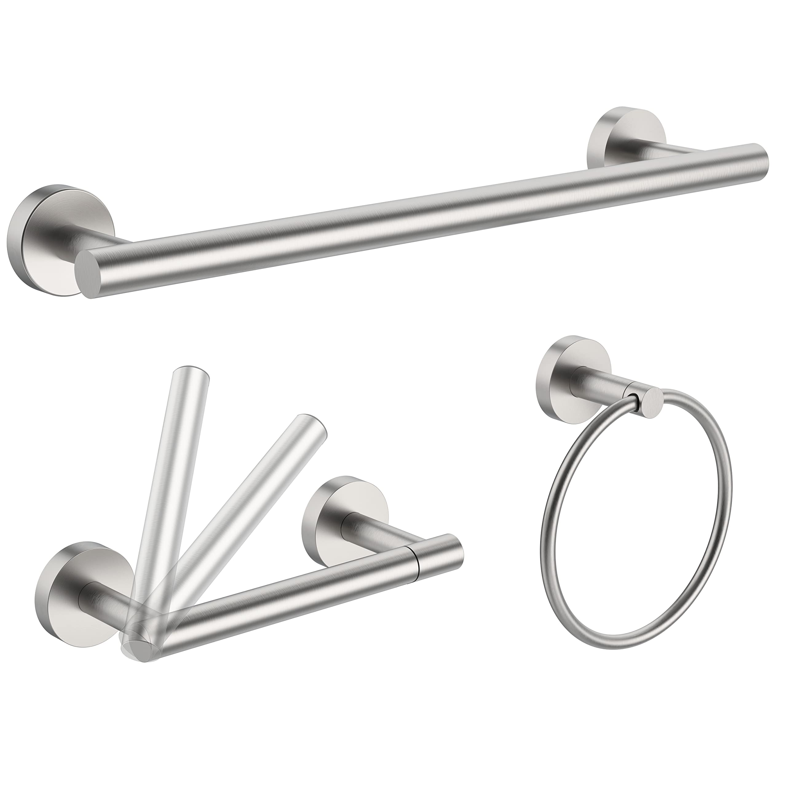 3pc Brushed SUS304 Stainless Steel Bathroom Set - Toilet Paper Holder, Towel Ring & Bar for Modern Bathrooms