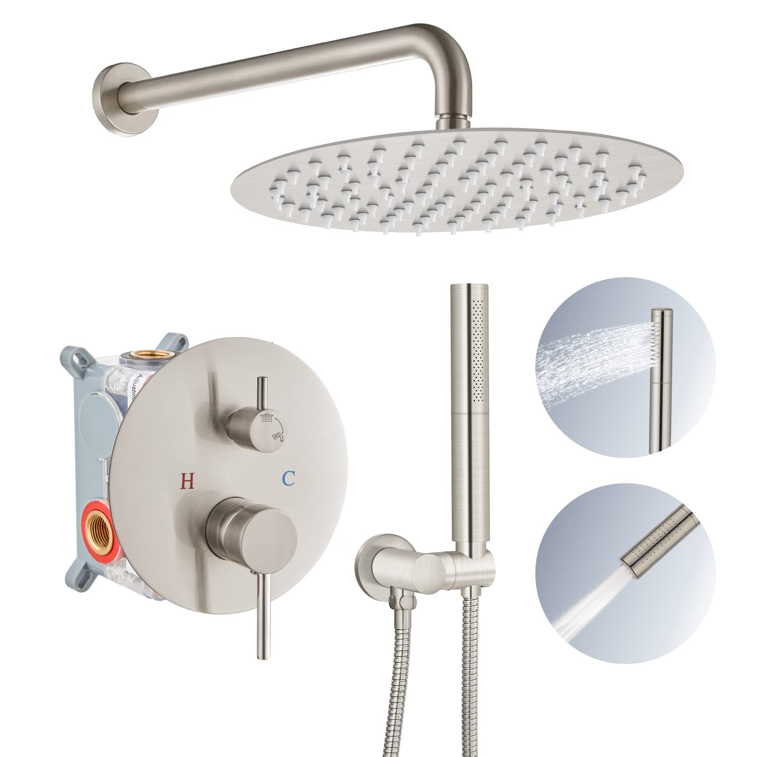 Airuida Brushed Nickel Shower System - 12 Inch Round Rainfall Shower Head & High Pressure Handheld Spray - 2 Function Wall Mount Bathroom Fixture with Rough-in Valve - Perfect for Luxury Spa-Like Shower Experience