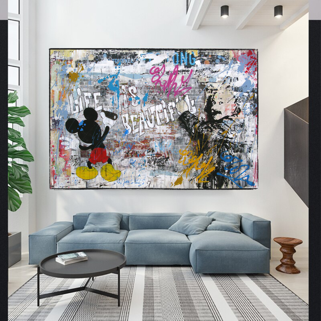 Banksy Life is Beautiful Mickey Mouse Canvas Wall Art Print - Pop Art Home Decor for Living Room, Bedroom & Office