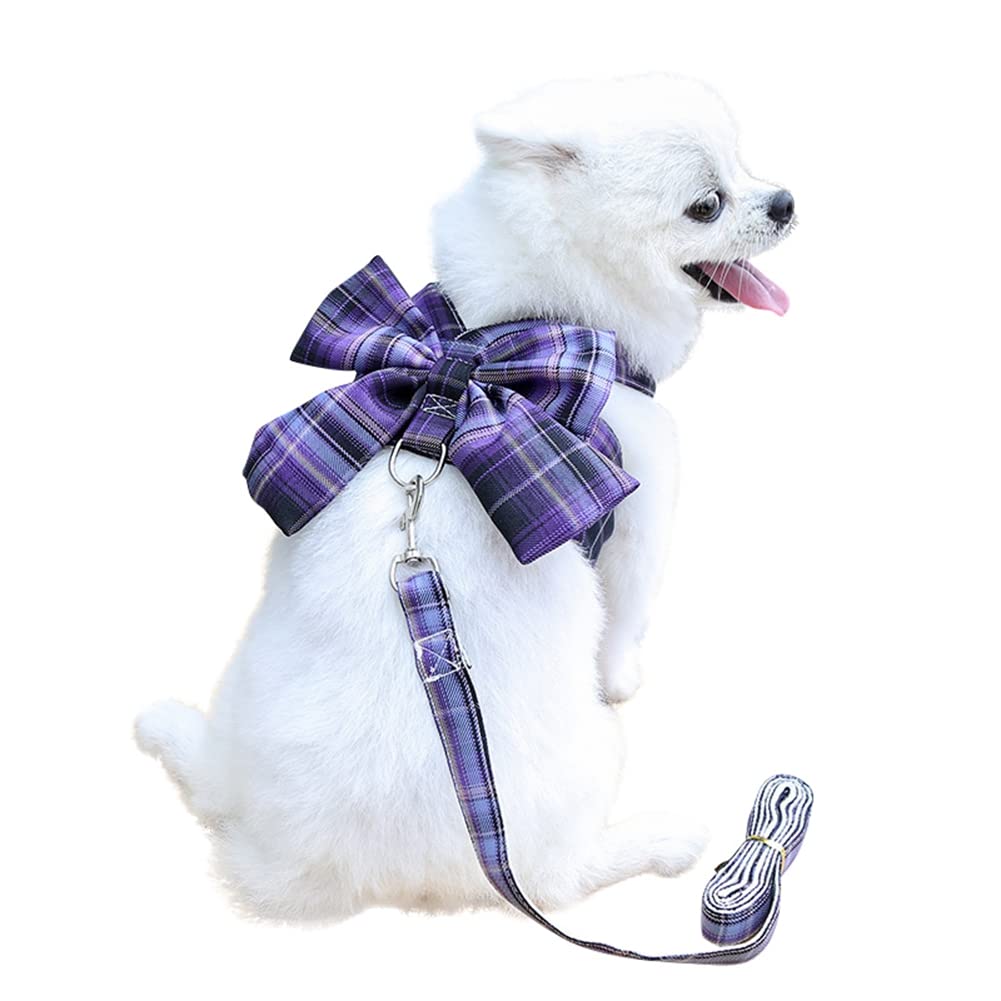Plaid Soft Mesh Dog Harness with Bowknot - No Pull Adjustable Vest Harness and Leash Set for Small Dogs & Puppies - Perfect for Walking, Training & Outdoor Adventures