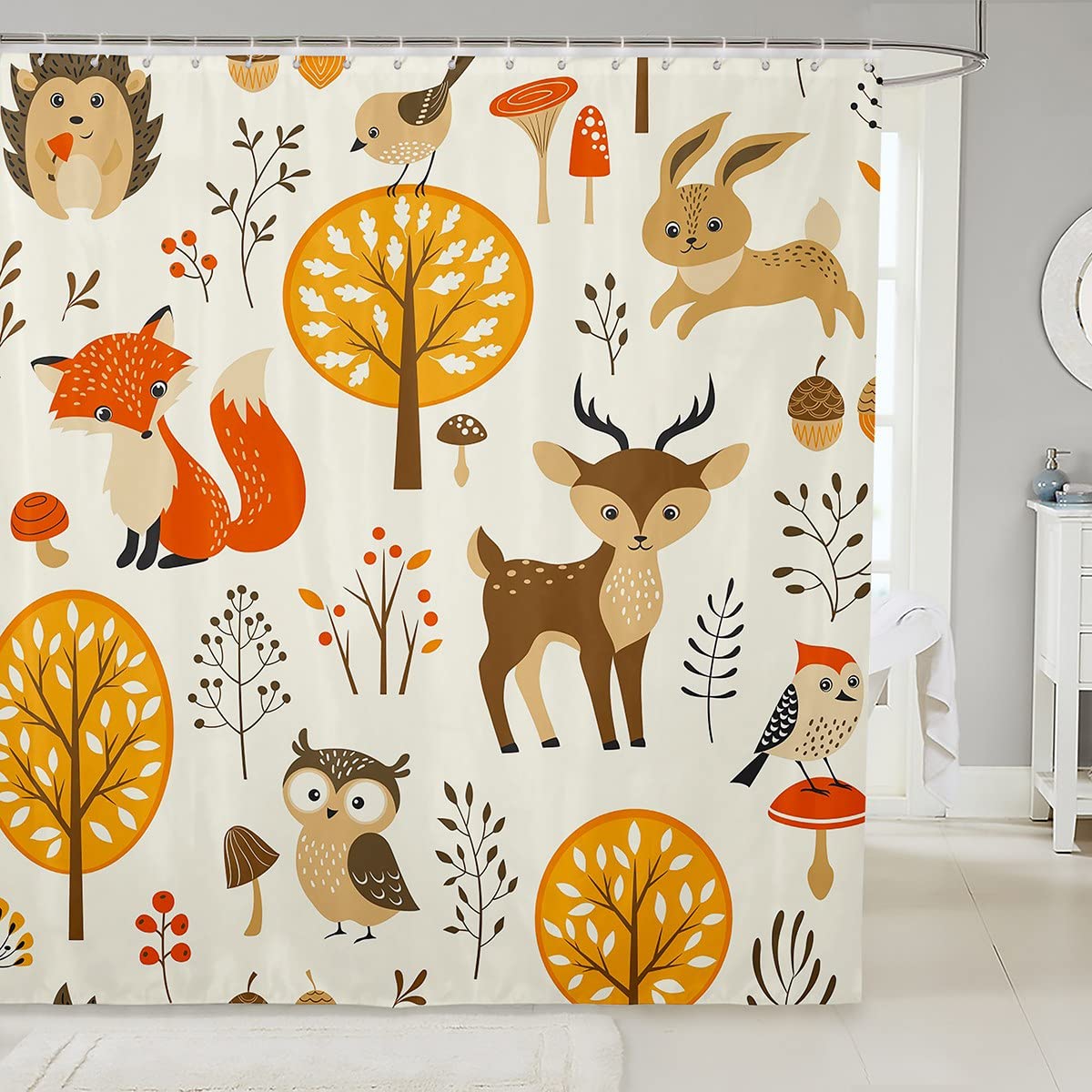 Cute Deer & Fox Cartoon Shower Curtain Set - Waterproof Kids Bathroom Decor with Yellow Plants Design - 72x84 Inch Kawaii Animal Bath Curtain for Nursery, Baby & Toddler Bathroom Accessories