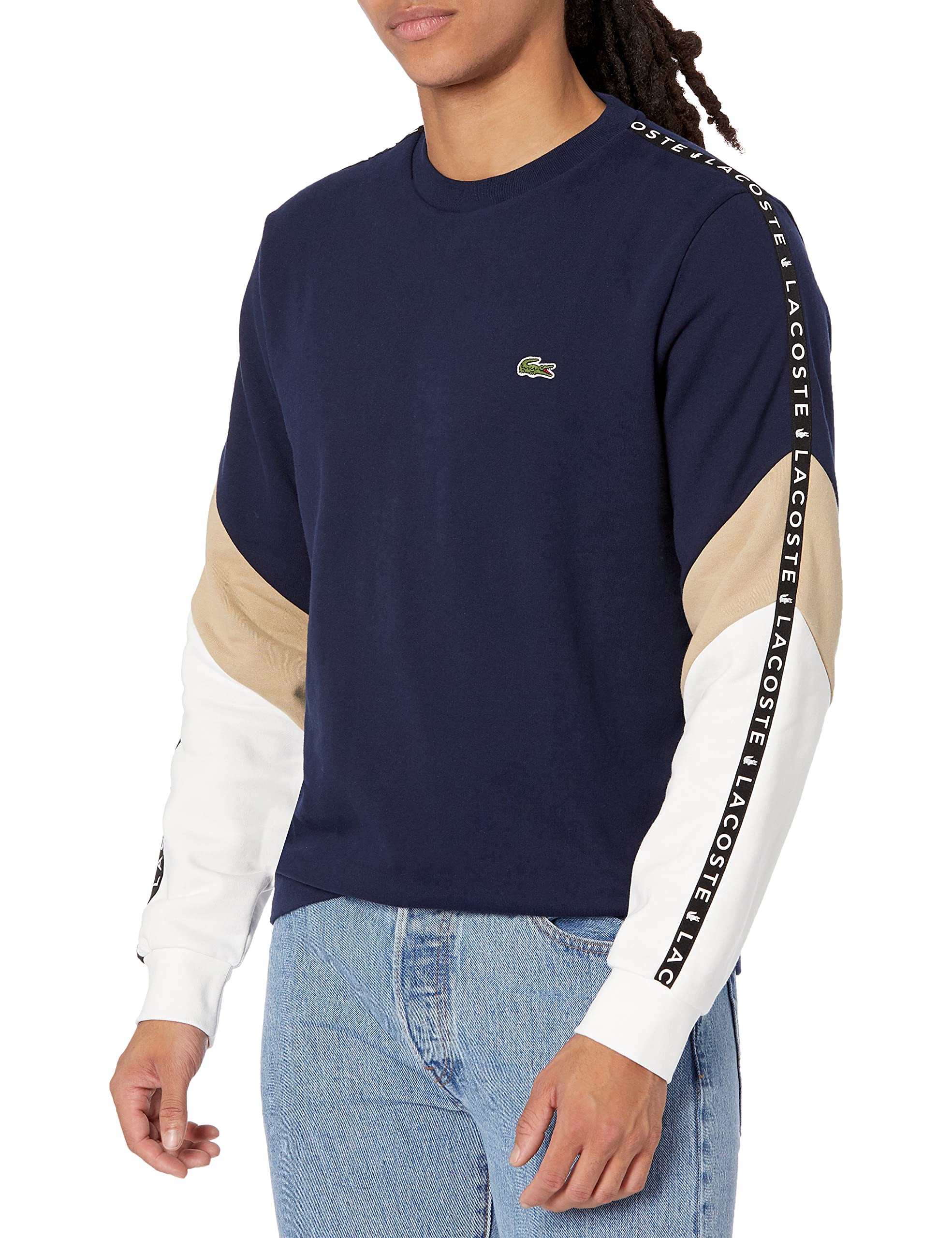 Lacoste Men's Long Sleeve Crewneck Sweatshirt with Contrast Tape Detail | Classic Cotton Pullover for Casual Wear & Street Style Outfits
