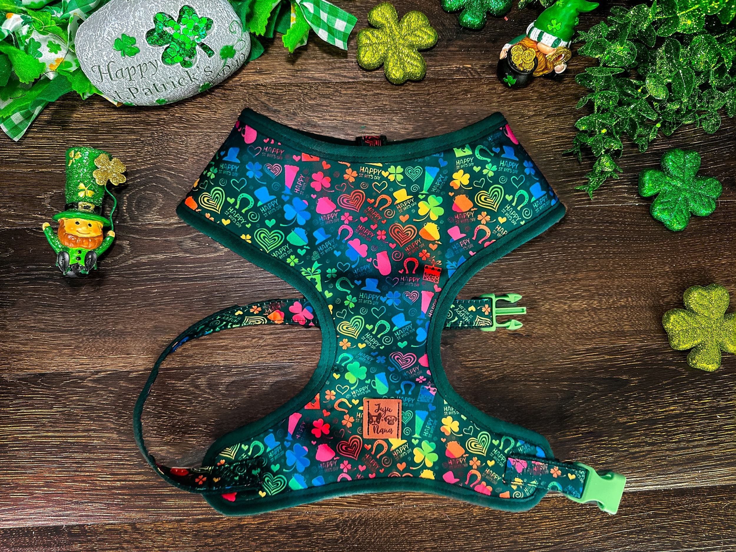 St. Patrick's Day Dog Harness with Rainbow Shamrock Stripes - Festive Pet Costume for Irish Parades & Holiday Photos