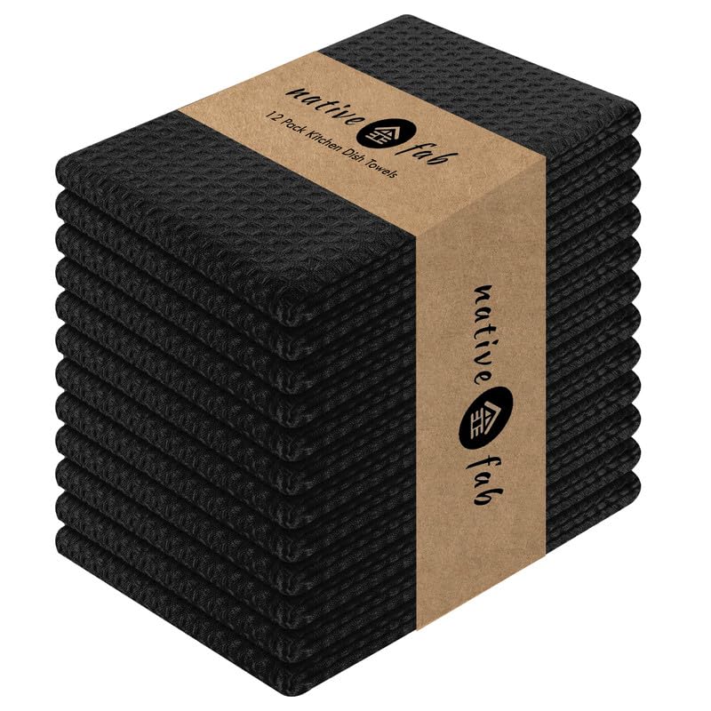 Premium 16x26 Inch Waffle Weave Kitchen Towels - 12-Pack Ultra Absorbent Cotton Dish Cloths with Hanging Loop | Soft Bar Towels, Cleaning Rags & Washcloths for Drying Dishes, Countertops & Glassware (Black)