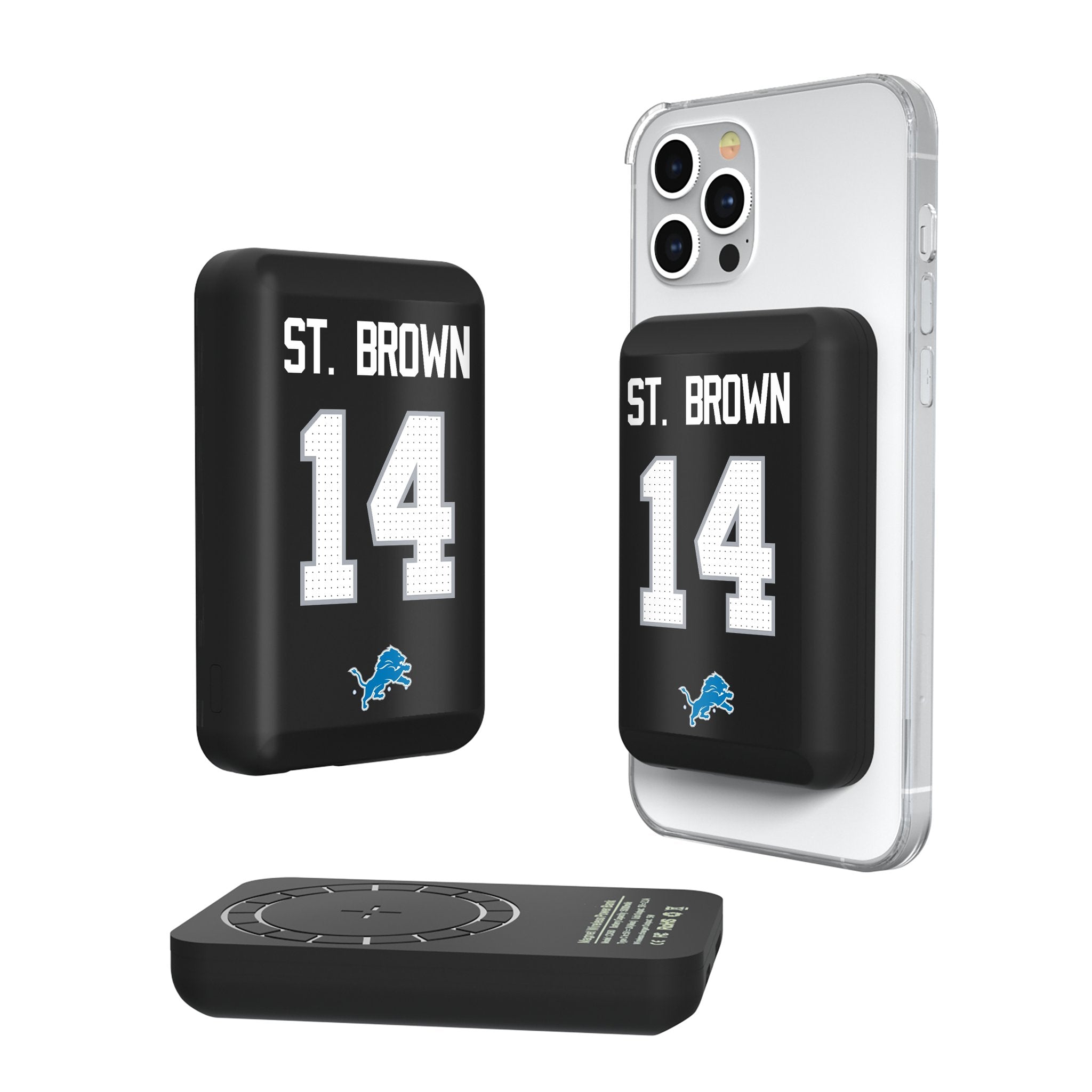 Amon Ra St. Brown Detroit Lions 14 Ready Wireless Mag Power Bank - Portable Charger for iPhone & Android - Perfect for Travel, Work & Game Day