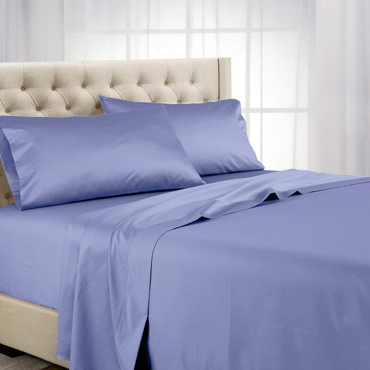 Premium 100% Cotton Queen Size Waterbed Sheets Set - 600 Thread Count Fitted Sheet with Deep Pockets - Soft & Breathable Bedding for Comfortable Sleep - Perfect for Waterbeds, Adjustable Beds & Home Use (Periwinkle)