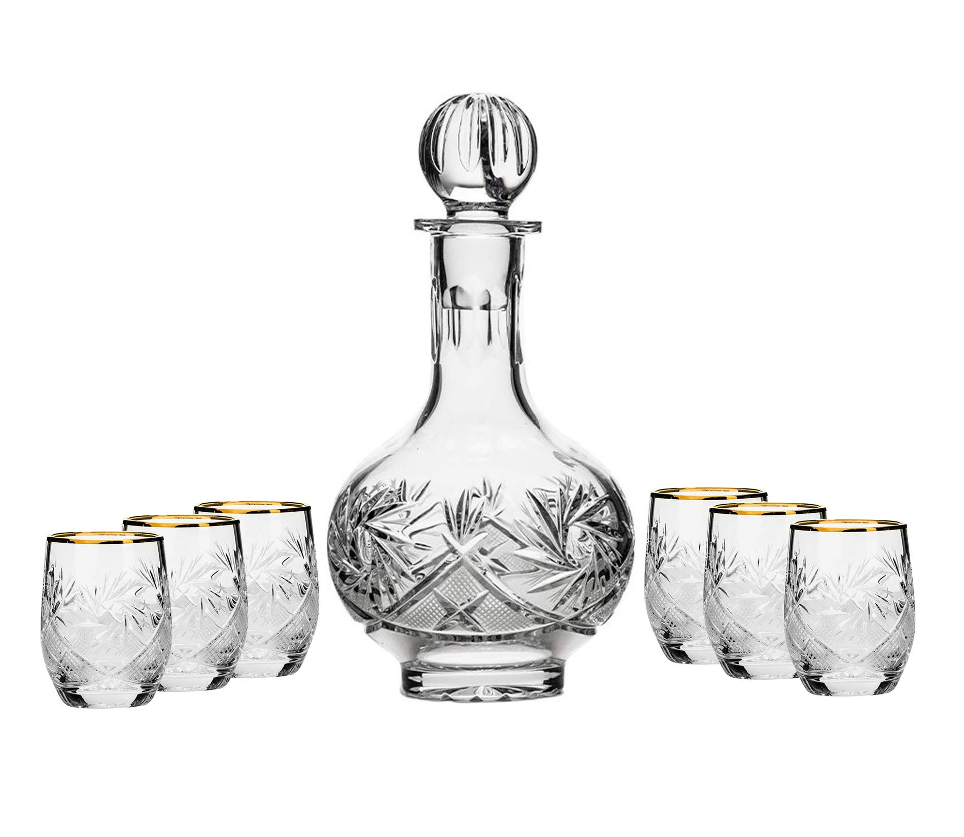 7-Piece Russian Crystal Vintage Vodka Set - 16-Oz Decanter Carafe with 6 Shot Glasses - Elegant Old-Fashioned Glassware for Home Bar, Cocktail Parties & Gift Giving (5108G)