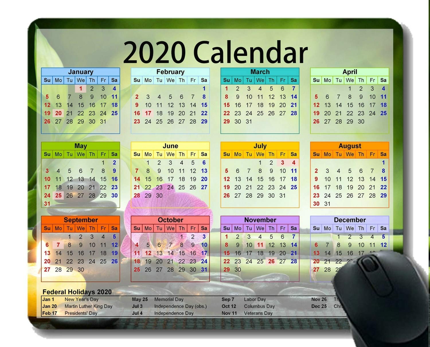 2020 Calendar Mouse Pad with Important Holidays - Non-Slip Desk Mat, Zen Flower Candle Still Life Design with Stitched Edge - Perfect for Office, Gaming & Home Workspace