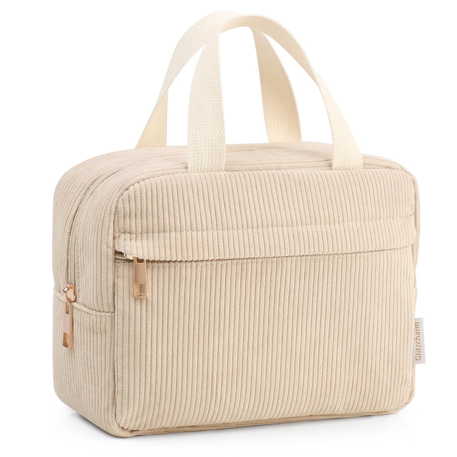 Corduroy Makeup Bag for Women & Girls - Large Travel Cosmetic Pouch with Metal Zipper - Preppy Makeup Organizer for Travel, Gym, and Daily Use (Beige)