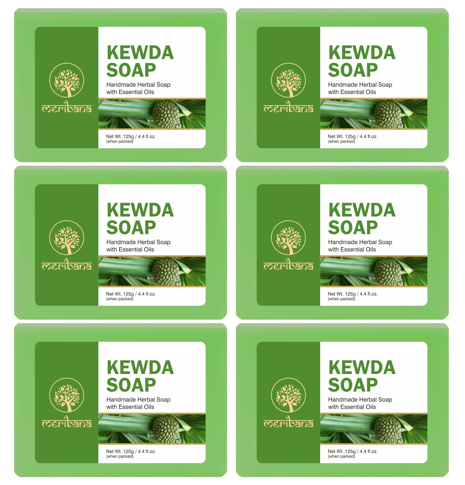 MeriBana Handmade Herbal Kewda Soap - 6 Pack (6 x 125g) | Natural & Organic Soap for Sensitive Skin | Perfect for Daily Use, Gifts & Spa Days