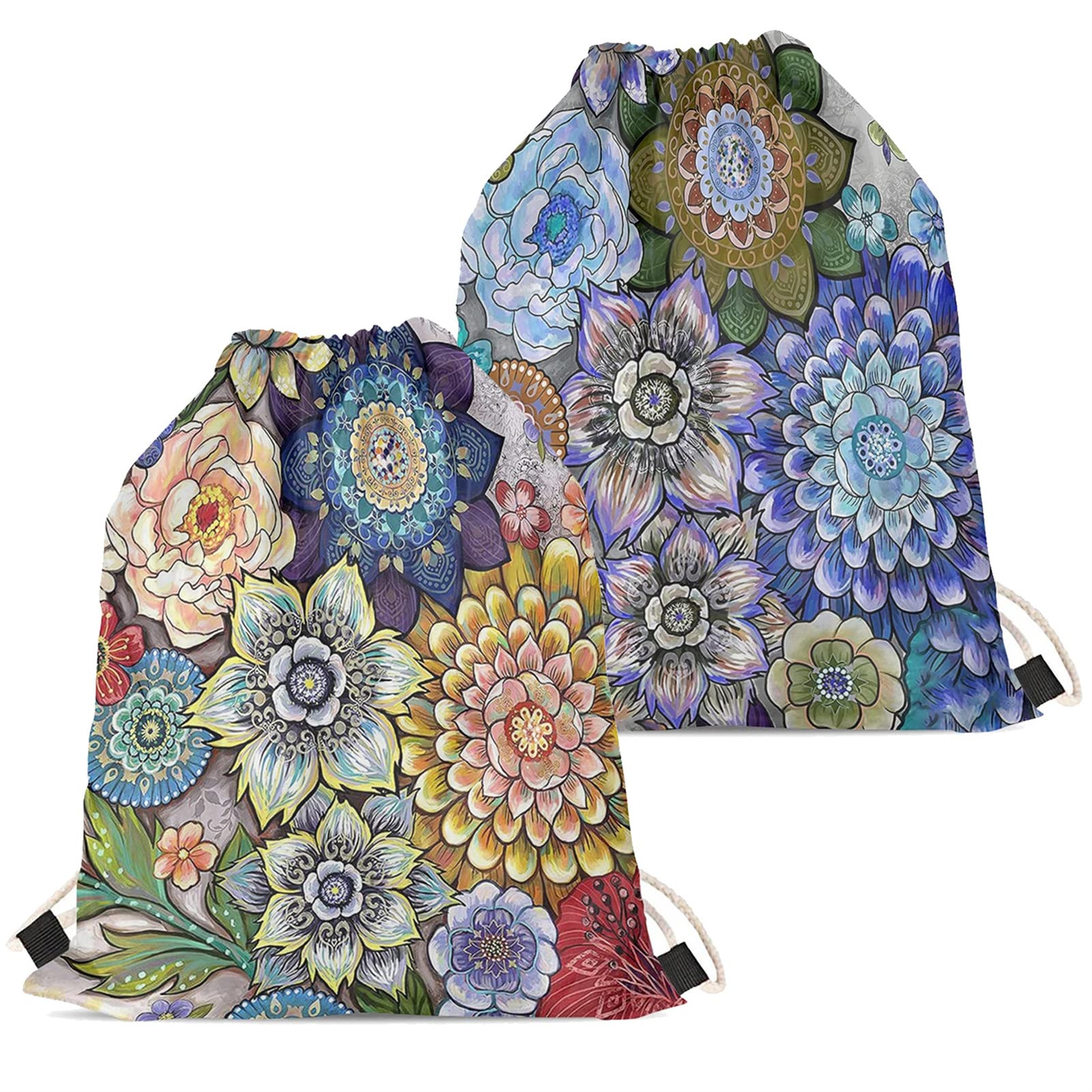 Boho Floral Drawstring Backpack for Women - Lightweight Hippie Beach Bag with Mandala Design, Portable Cinch Sack for Kids, Perfect for Travel, Yoga, and Festival Use