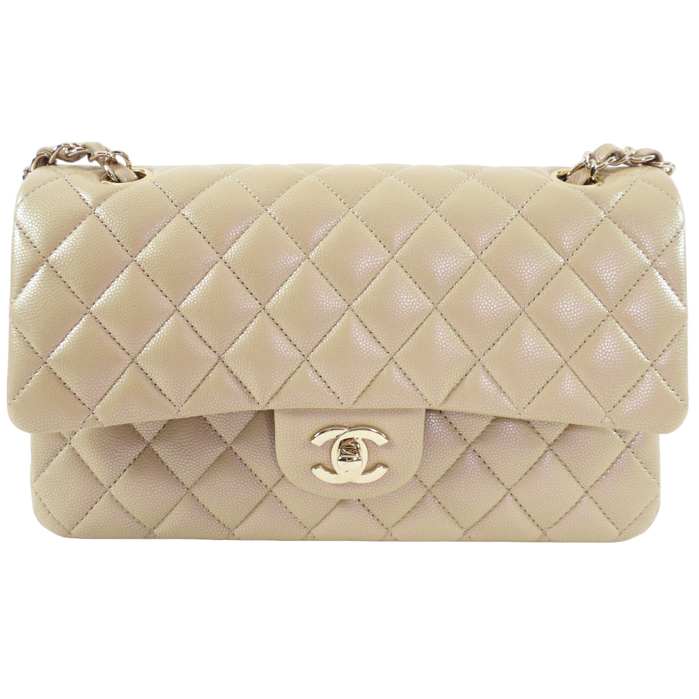 Chanel 21S Beige Iridescent Classic Medium Double Flap Caviar Gold Hardware Bag - Luxury Handbag for Women, Perfect for Parties & Special Occasions