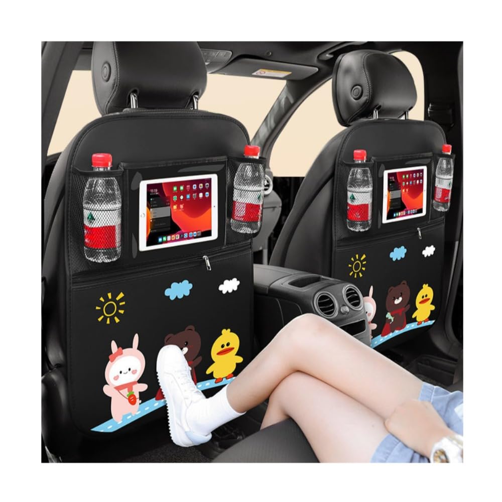 Cartoon Animal Car Seat Kick Mat for Kids - 2 Pack Waterproof Back Seat Protector with Clear Pocket & Storage, Universal Fit for Cars, Trucks & SUVs - Durable, Easy to Clean - Perfect for Road Trips, School Runs & Family Travel