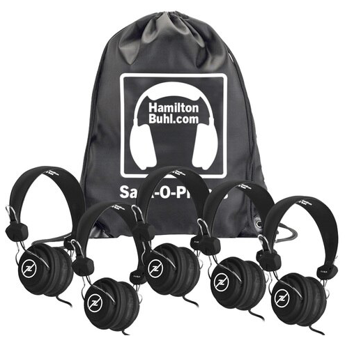 HamiltonBuhl Sack O'Phones Favoritz Headphones with In-Line Microphone & TRRS Plug - 5 Pack (3 Colors) - Perfect for Classroom, Library & Group Learning Activities