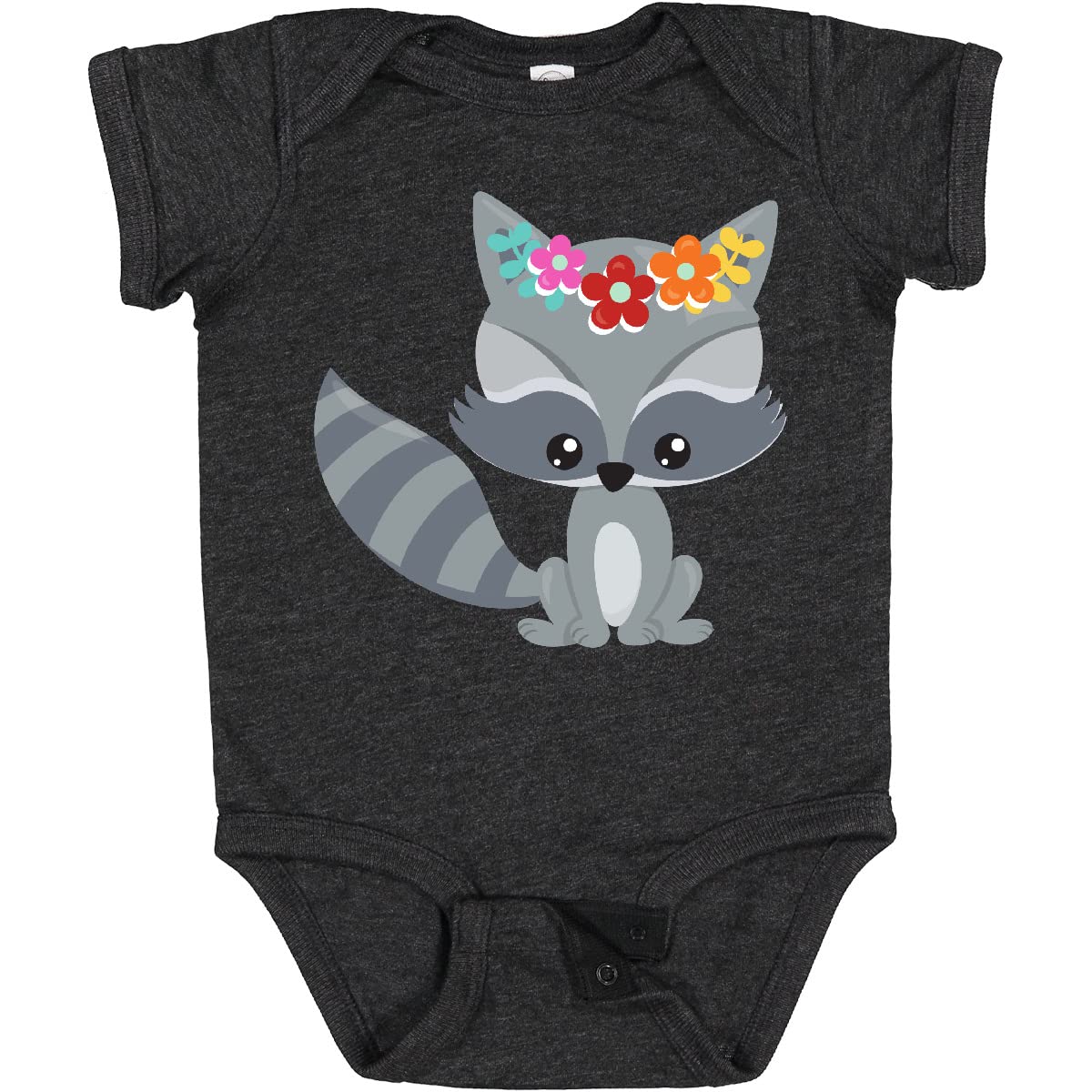 Inktastic Spring Animals Baby Bodysuit - Cute Raccoon & Colorful Flowers Design - Soft Cotton Infant Onesie for Spring Outfits, Photo Shoots & Playdates