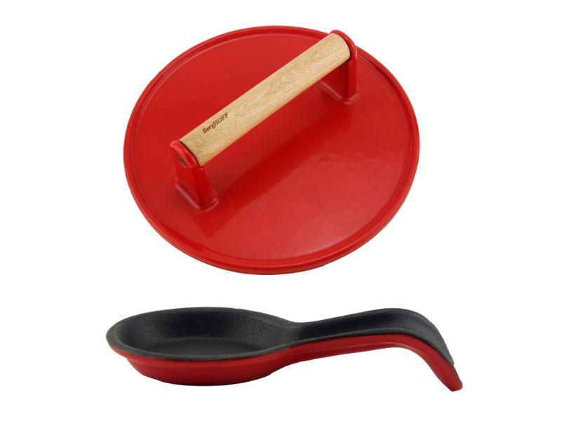 BergHOFF Neo 2-Piece Cast Iron Spoon Rest and Steak Press Set - Durable Kitchen Utensil Holder & Meat Weight for Grilling, Cooking - Perfect for Stovetop, BBQ, and Restaurant Use